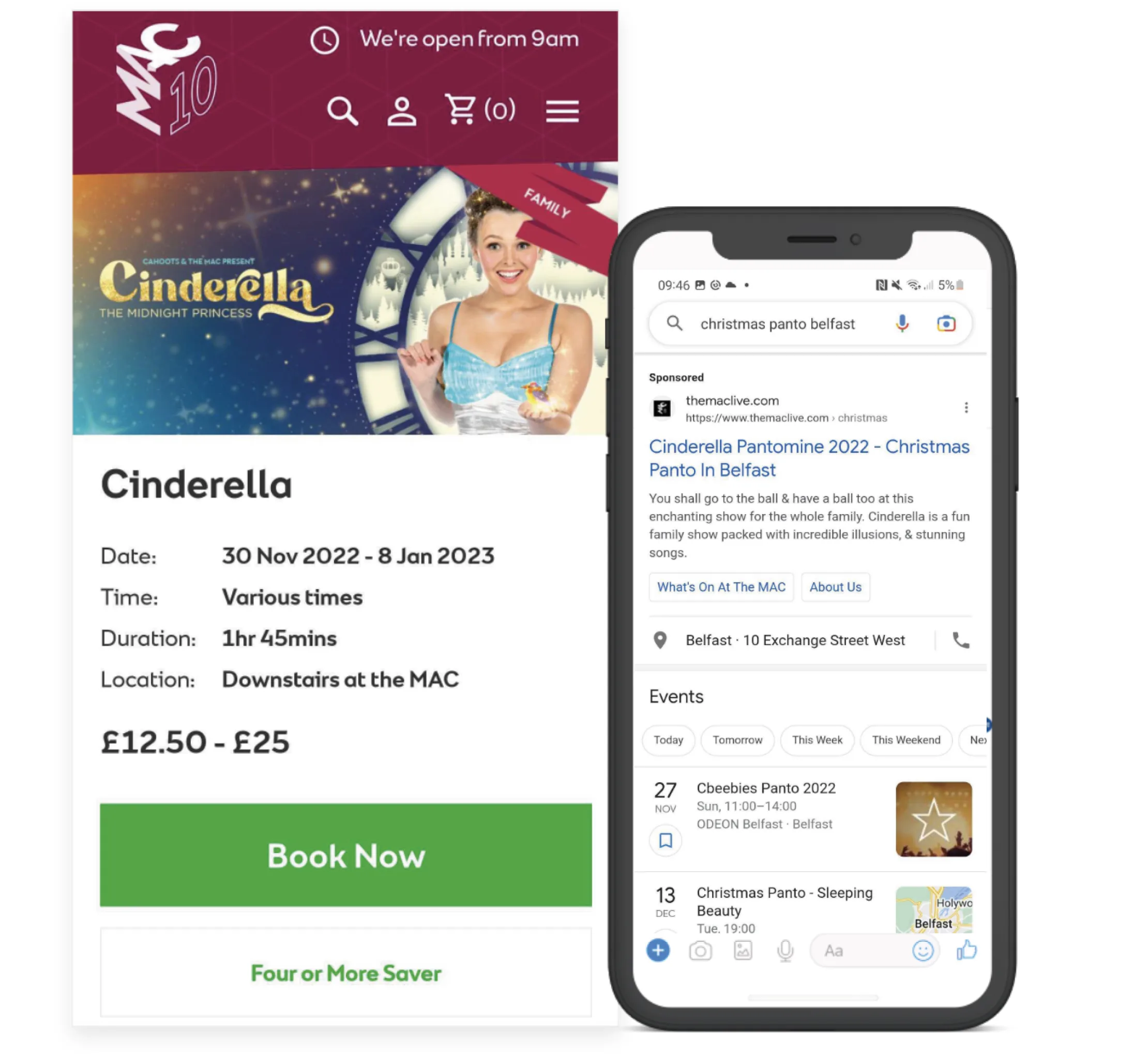 Promotional display for the Cinderella pantomime at the MAC, showing event details and a mobile phone with Google search results for "Christmas panto Belfast".