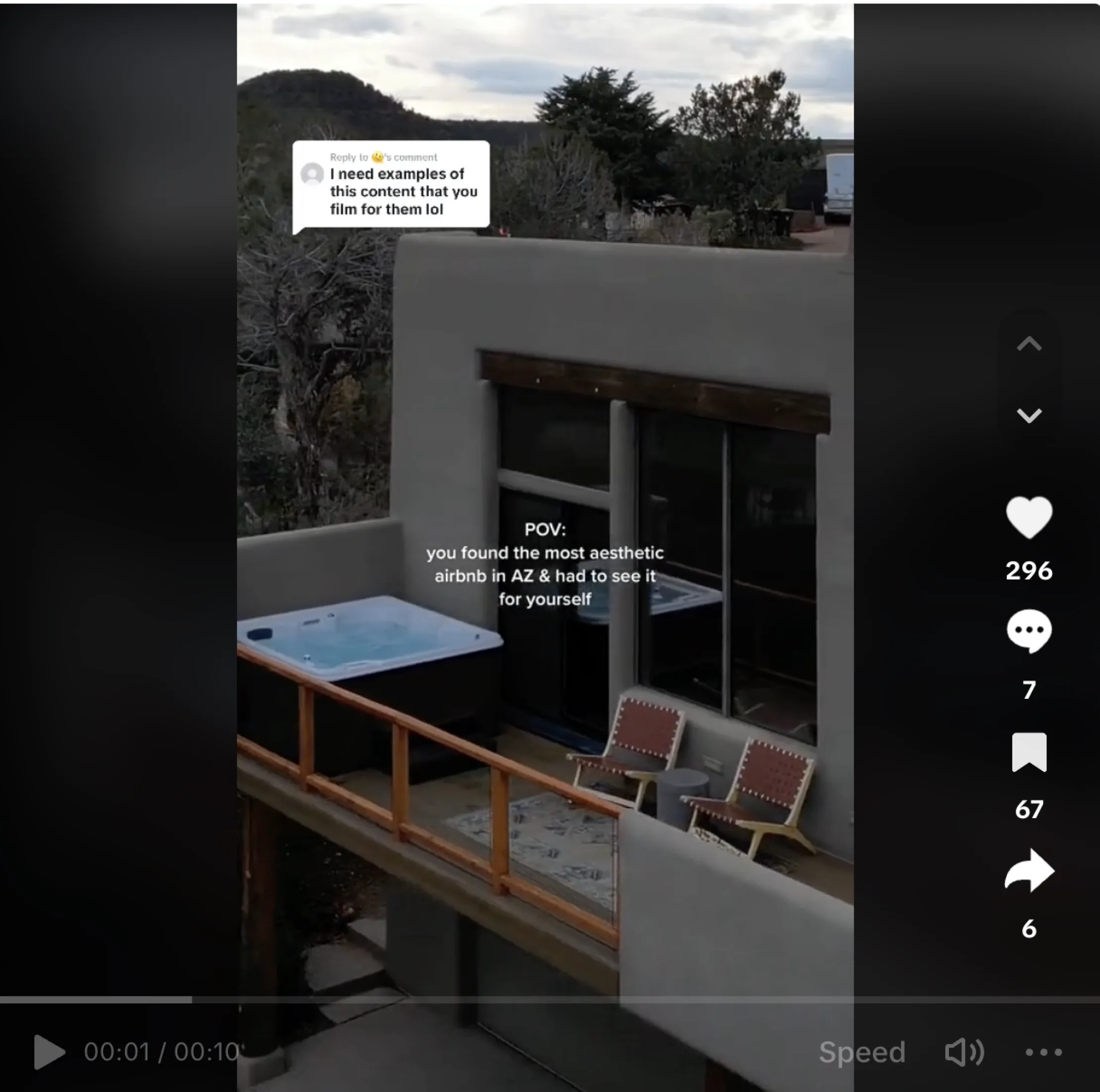 TikTok video of a stylish Airbnb in Arizona with text: 'POV: you found the most aesthetic Airbnb in AZ' and a viewer comment asking for content examples.