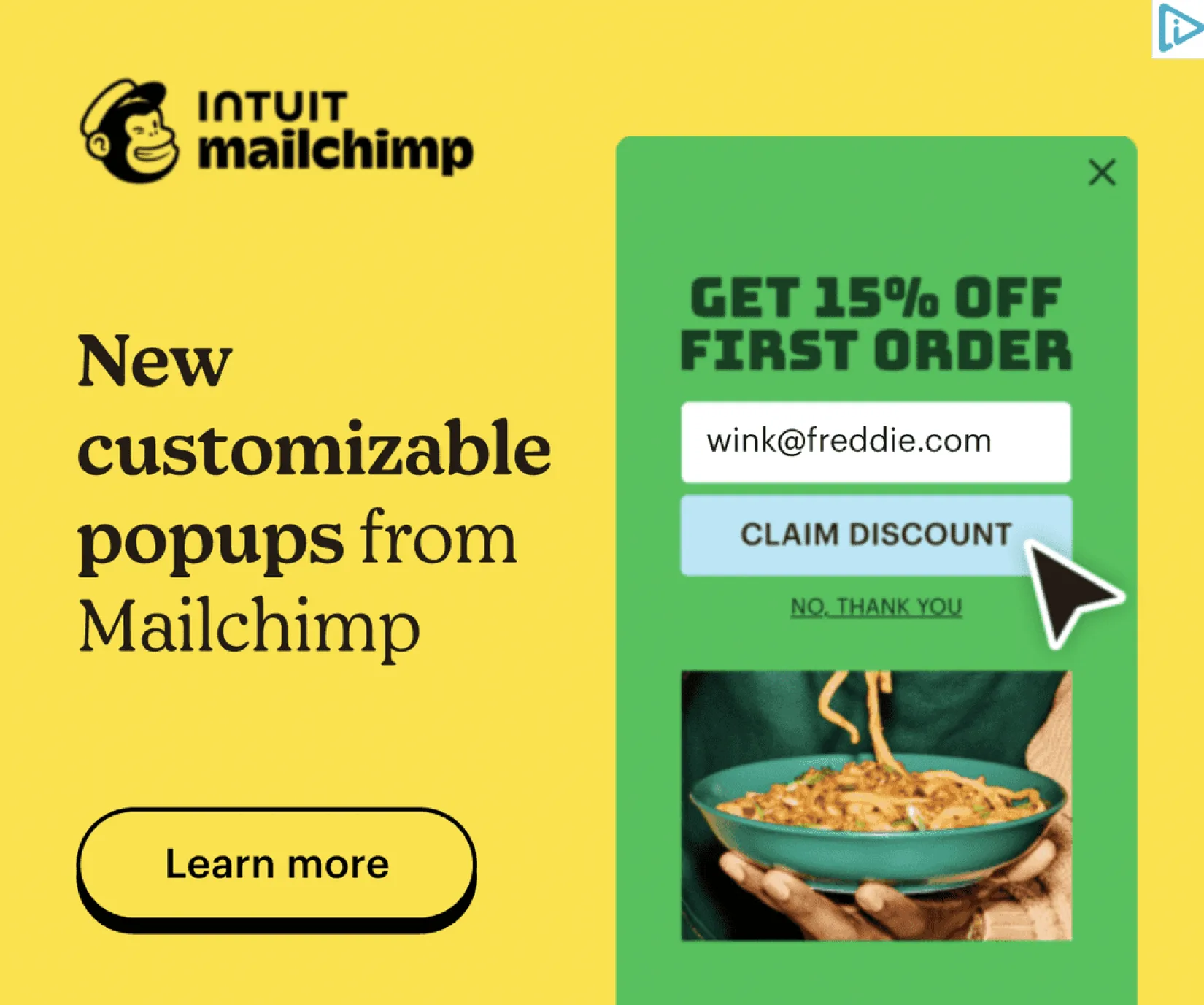 Mailchimp advertisement promoting customizable popups with a 15% discount on the first order. Features call-to-action buttons 'Claim Discount' and 'Learn More' in contrasting yellow and green colours.