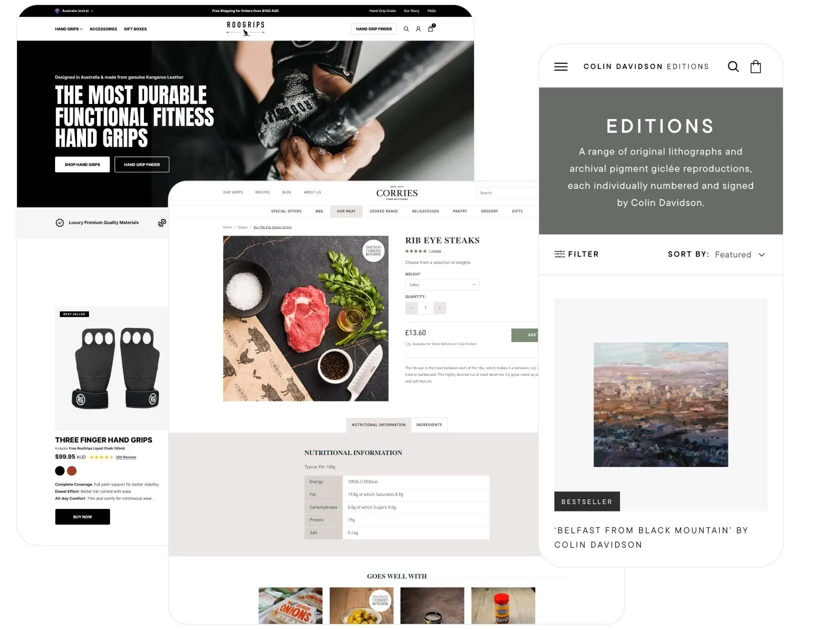 A collage of three e-commerce website interfaces showcasing RooGrips fitness hand grips, Corries gourmet rib eye steaks, and limited edition art prints by Colin Davidson.