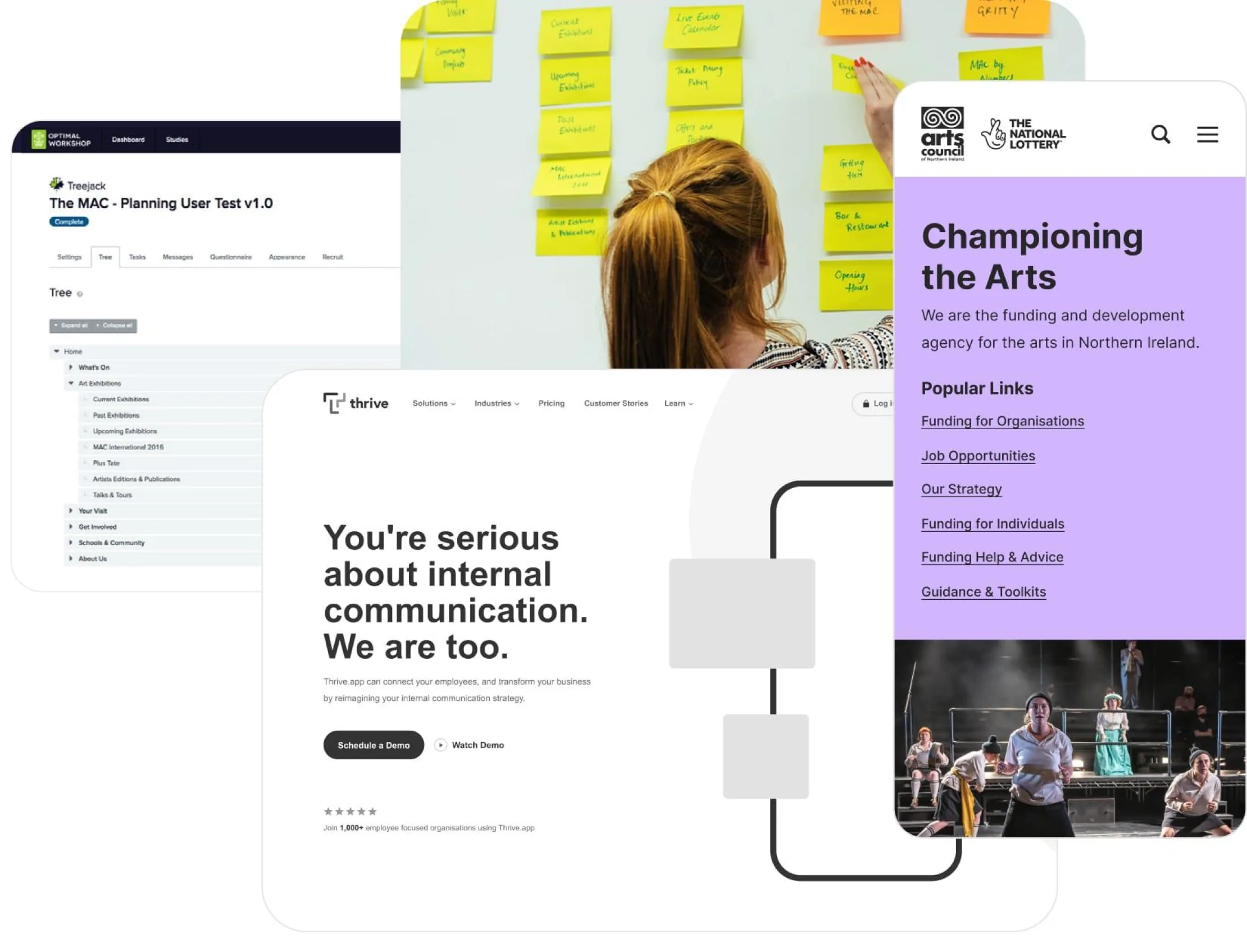 Collage of a planning document, sticky-note workshop, Arts Council of NI funding site, and a greyscale internal-comms page.