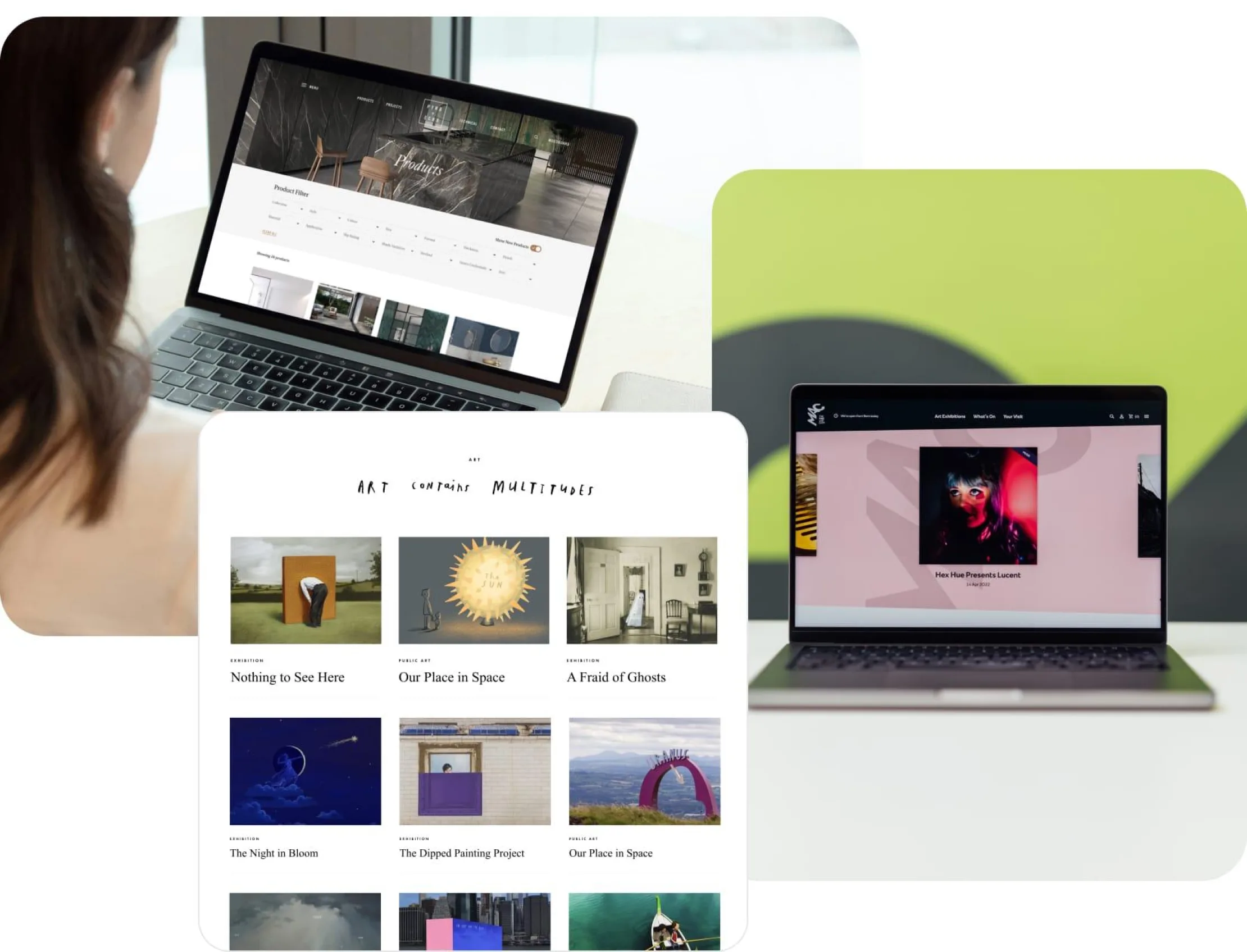 A collage of websites showcases work by Pyro and Echo, artist Oliver Jeffers, and The MAC Belfast, featuring digital exhibitions and contemporary art project.