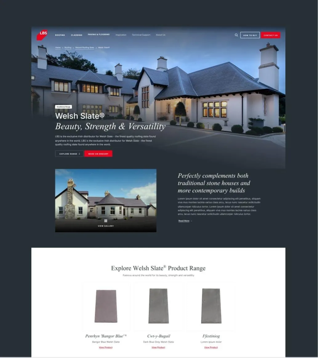Lagan Building Solutions homepage displaying a Welsh Slate featuring a modern house exterior with slate roofing, product highlights, and a gallery of slate tile options.