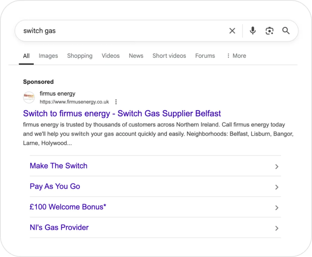 Firmus ad displaying in Google Search Engine Results Page with the search term switch gas.
