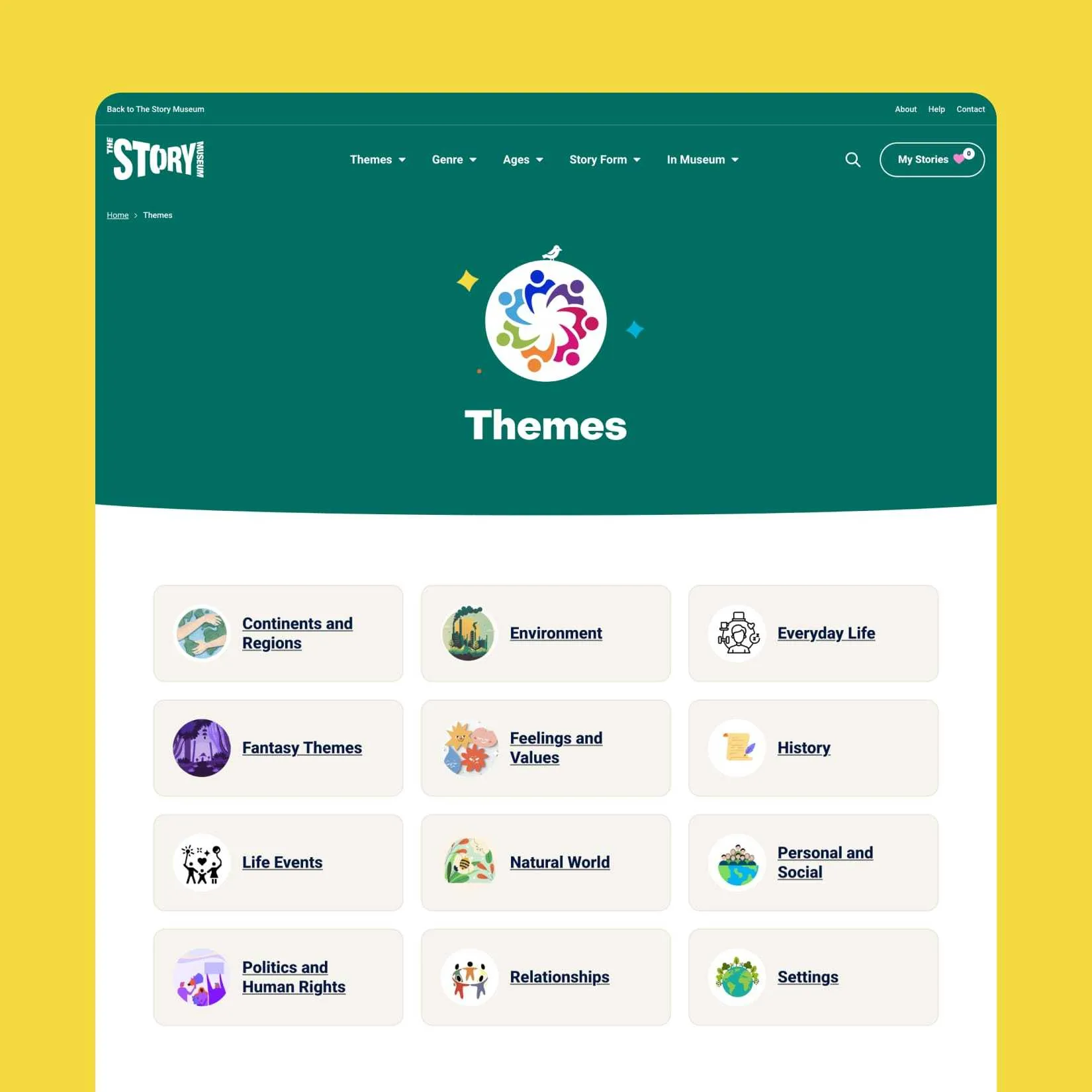 The Story Museum’s 1001 Stories page displaying colourful theme icons for fantasy, history, environment, relationships, and more.