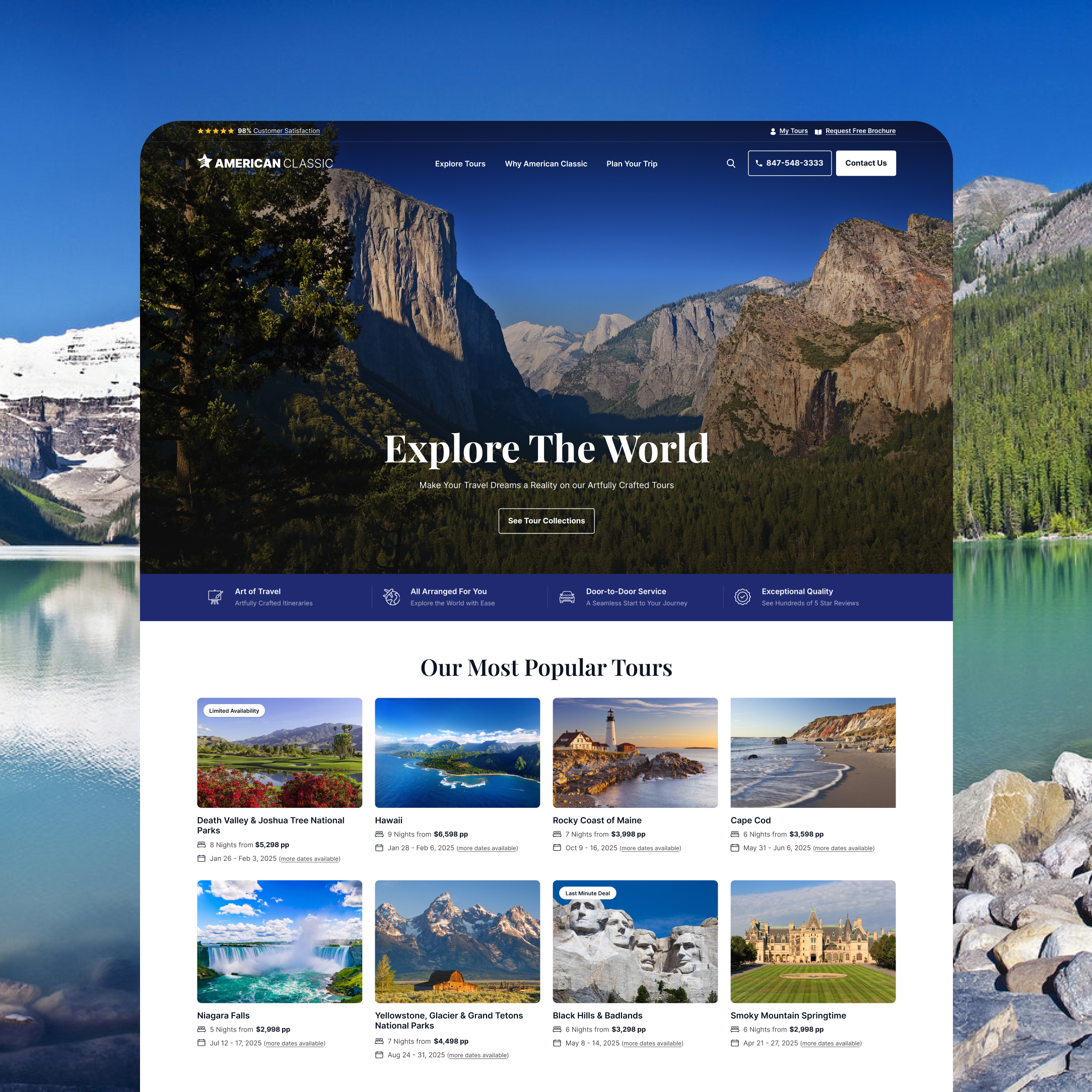 American Classic Tours travel site homepage with mountain landscape hero image and grid of popular tour packages for exploring destinations.