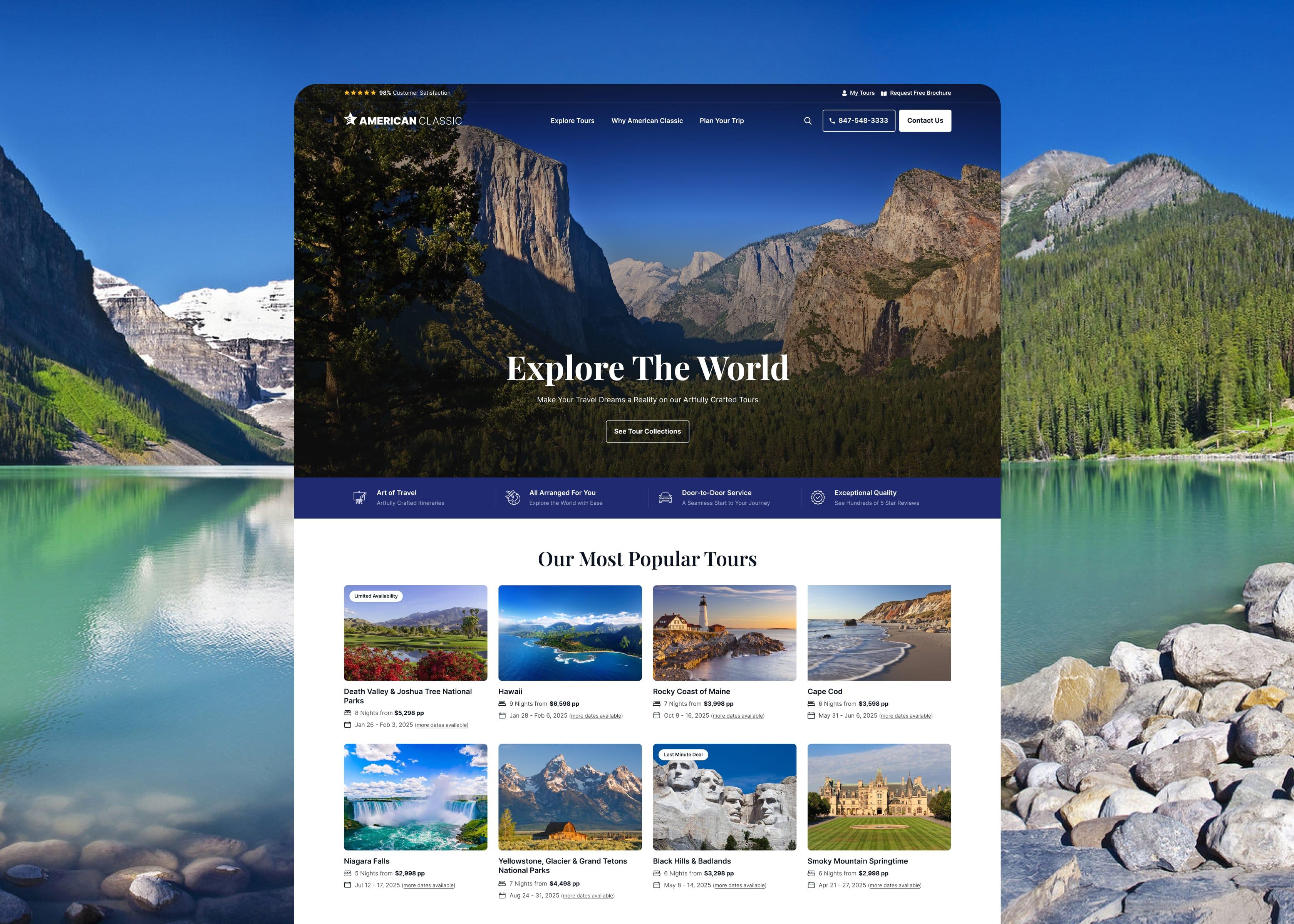 American Classic Travel website homepage with a scenic mountain hero image and a grid of popular tour destinations displayed below.