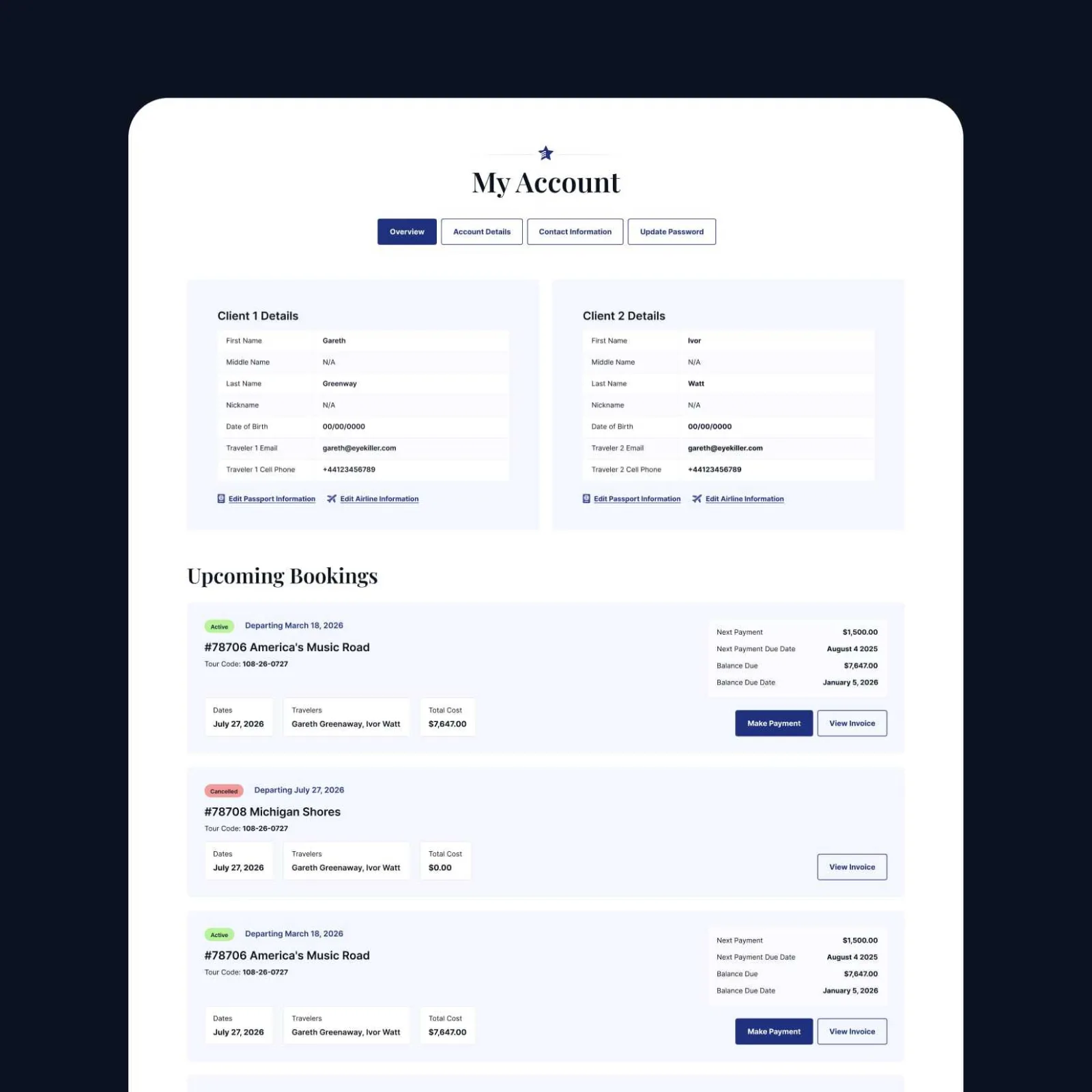 Account dashboard showing client details and a list of upcoming travel bookings with dates, destinations, statuses, and action buttons.