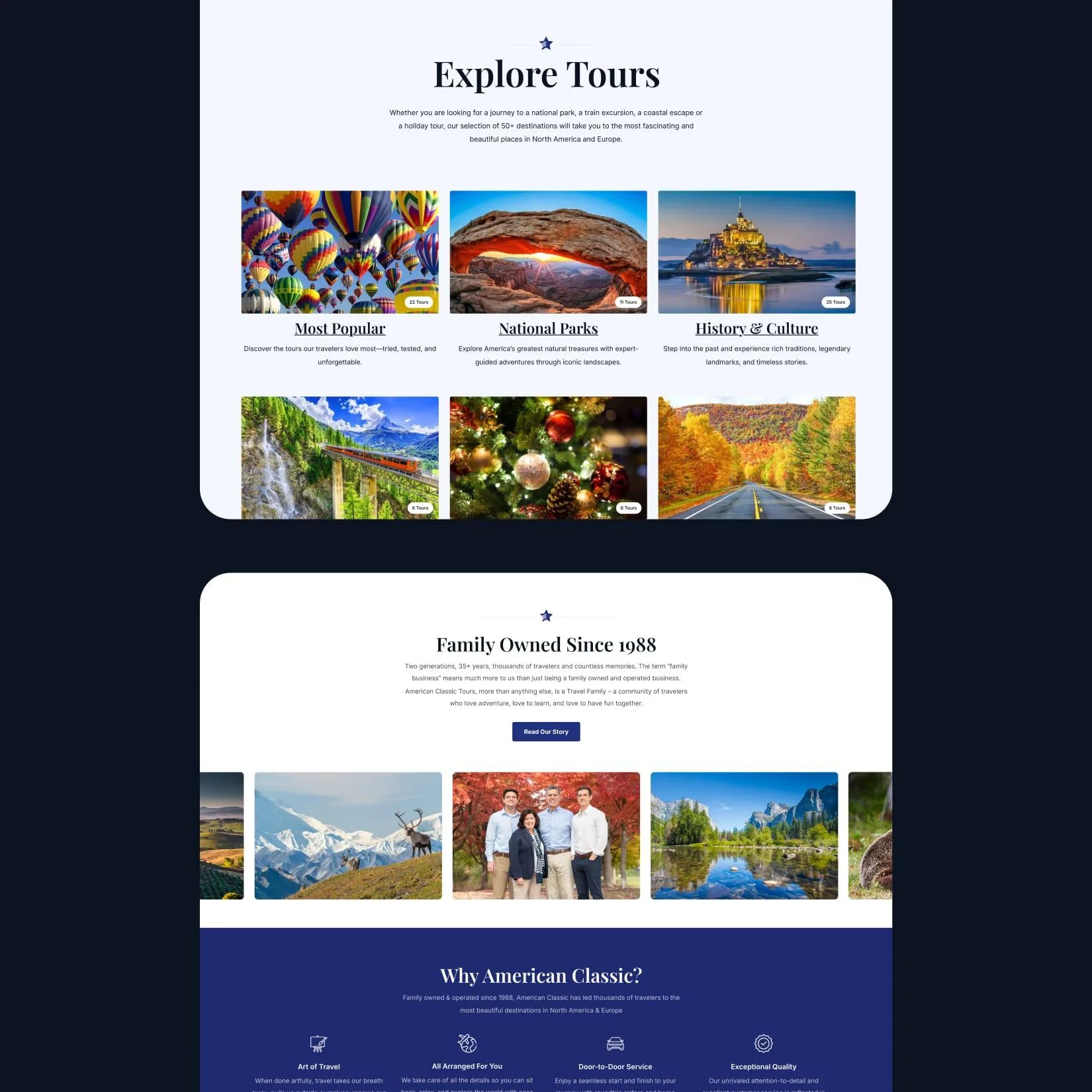 Website section showing tour categories with colourful destination images, followed by a family-owned company intro and scenic photo gallery.