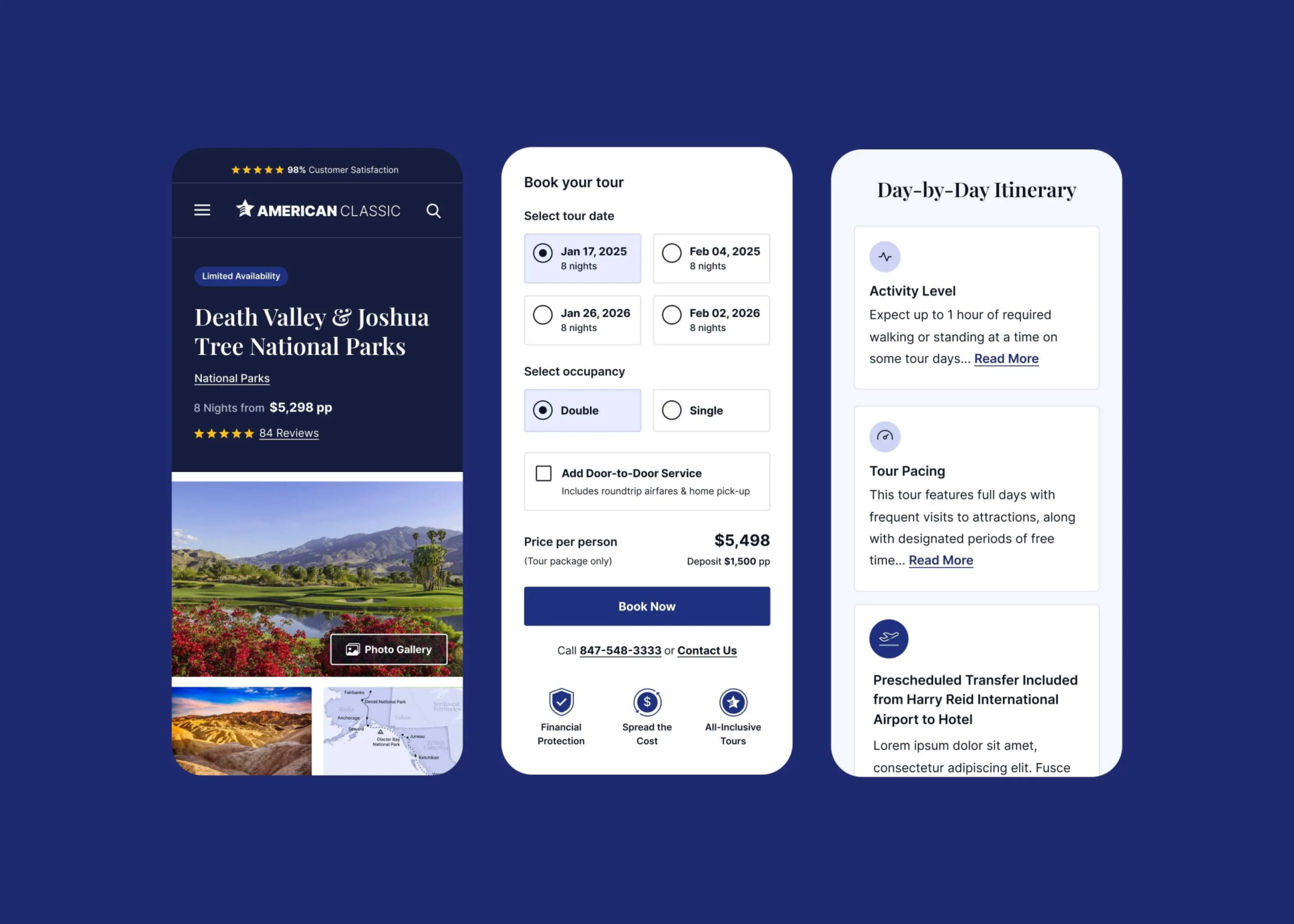 Mobile tour booking screens showing Death Valley & Joshua Tree trip details with dates, pricing, occupancy options, and itinerary info.