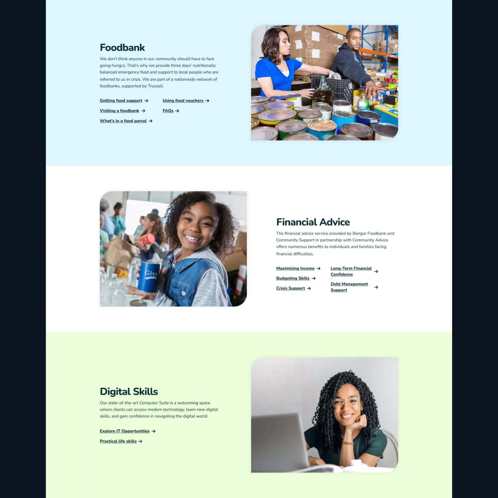 Website section showing foodbank, financial advice, and digital skills services with photos of people receiving support.
