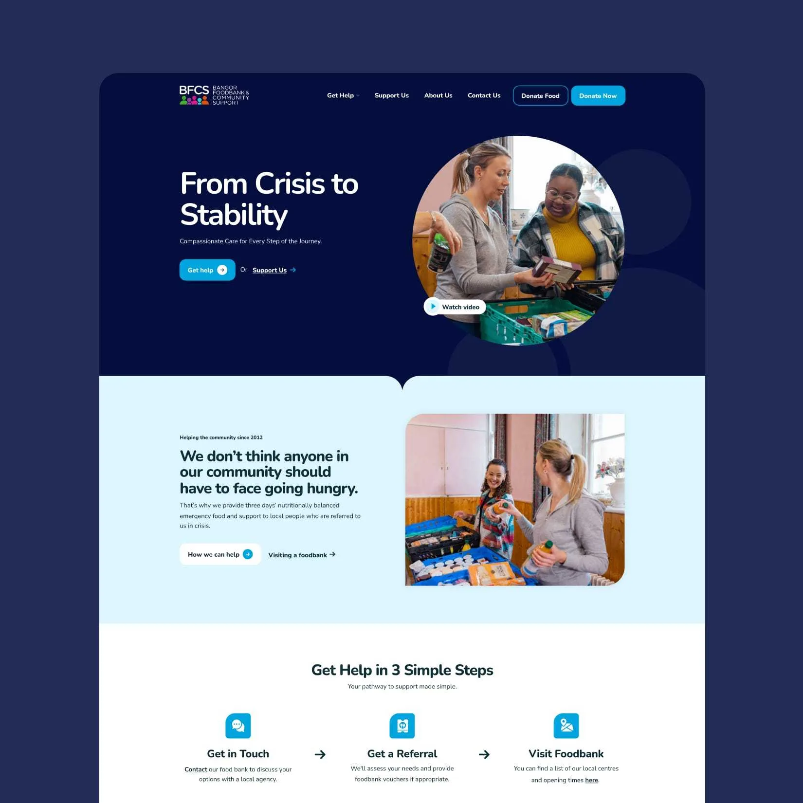 Bangor Foodbank website homepage showing “From Crisis to Stability” with images of people receiving support and sections on getting help.