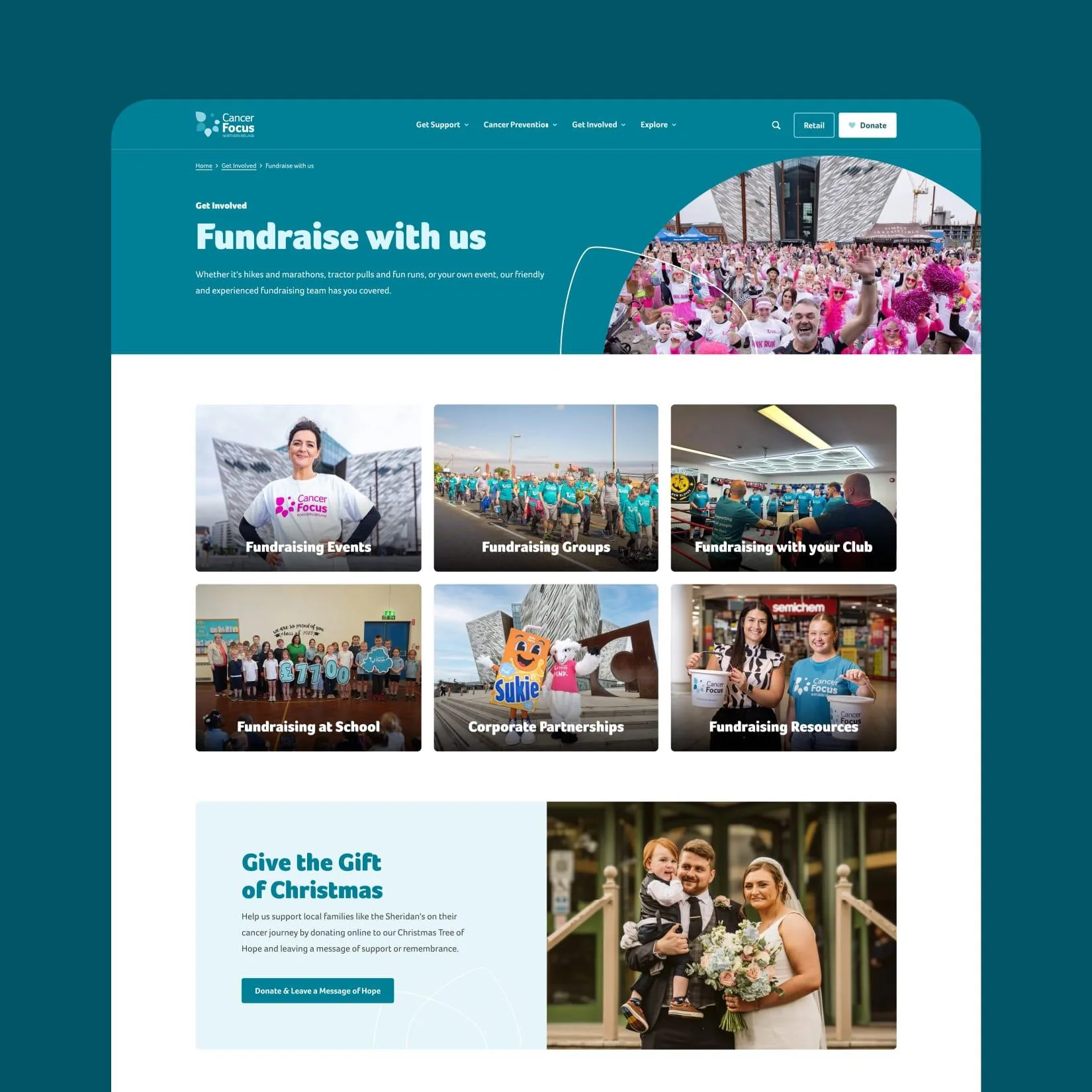 Cancer Focus ‘Fundraise with us’ webpage showing fundraising options, event images, and a call to support the charity.