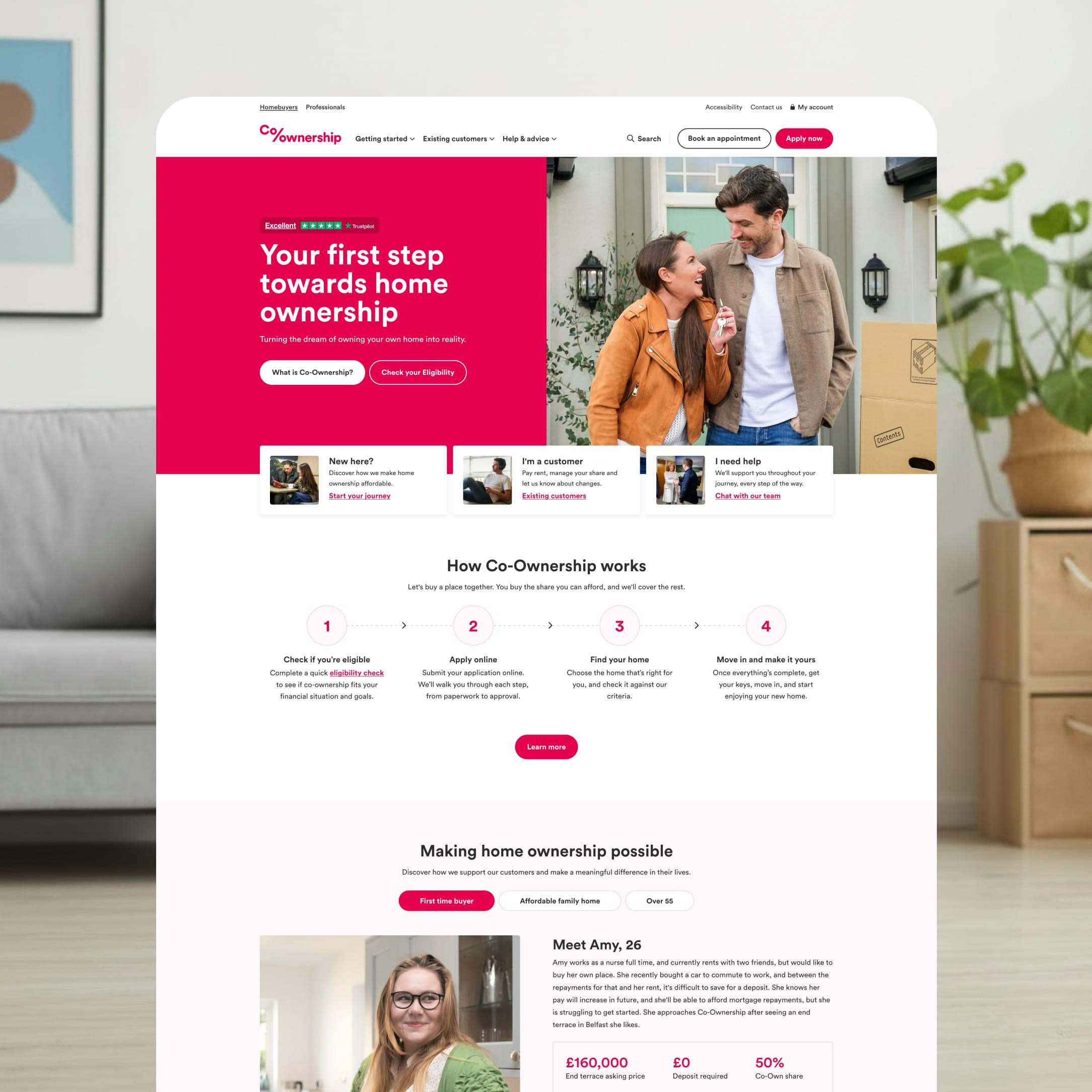Co-Ownership homepage showing a couple outside their home and how the scheme works.