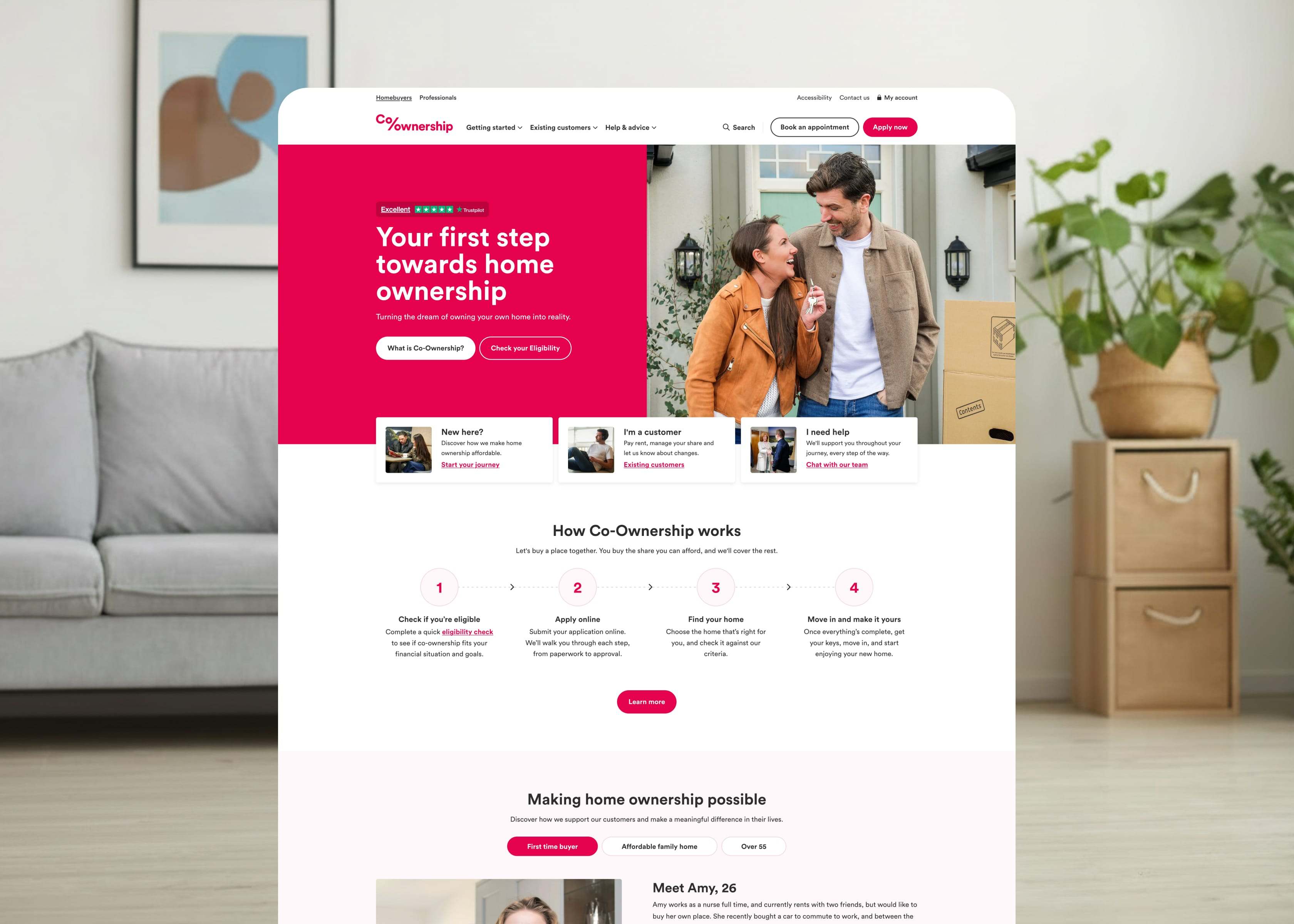 Co-Ownership website homepage promoting affordable home ownership, featuring a couple outside their home and a step-by-step guide to how Co-Ownership works.