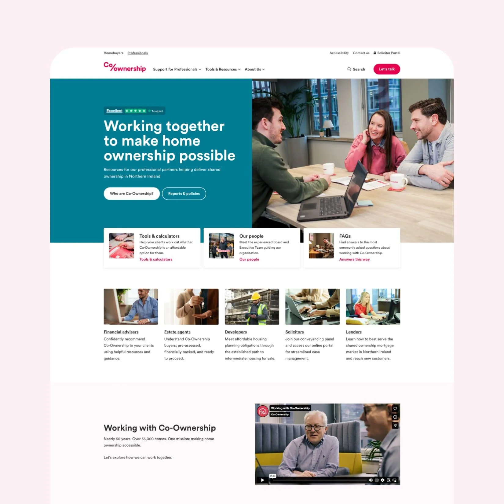 Co-Ownership webpage for professionals, highlighting support for home ownership and partnership services.