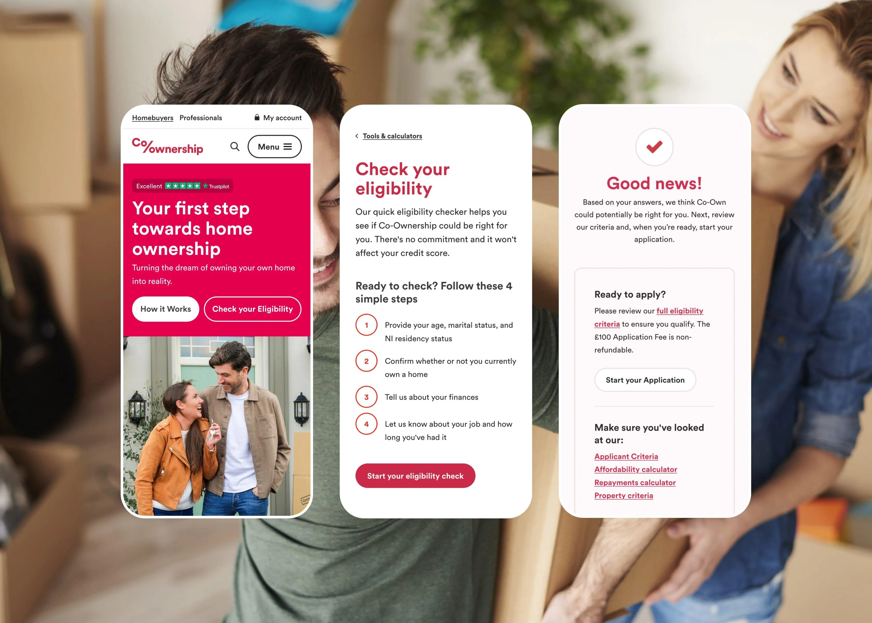 Co-Ownership mobile screens showing the eligibility checker and application process.