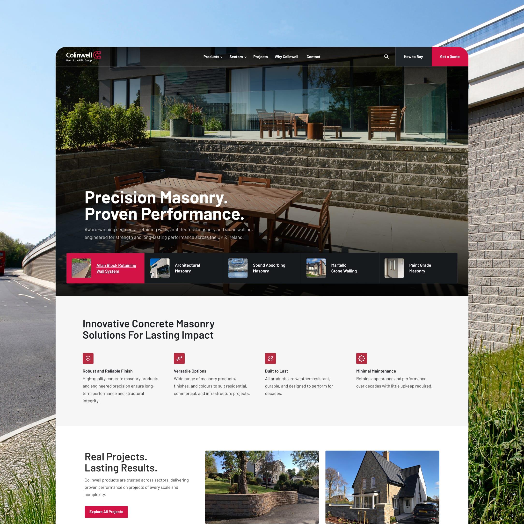 Colinwell Masonry homepage highlighting concrete masonry solutions.