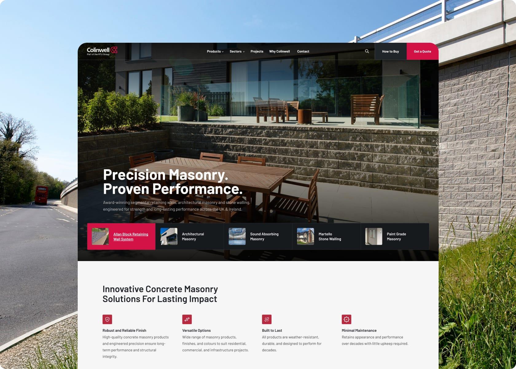 Colinwell Masonry homepage highlighting concrete masonry solutions.