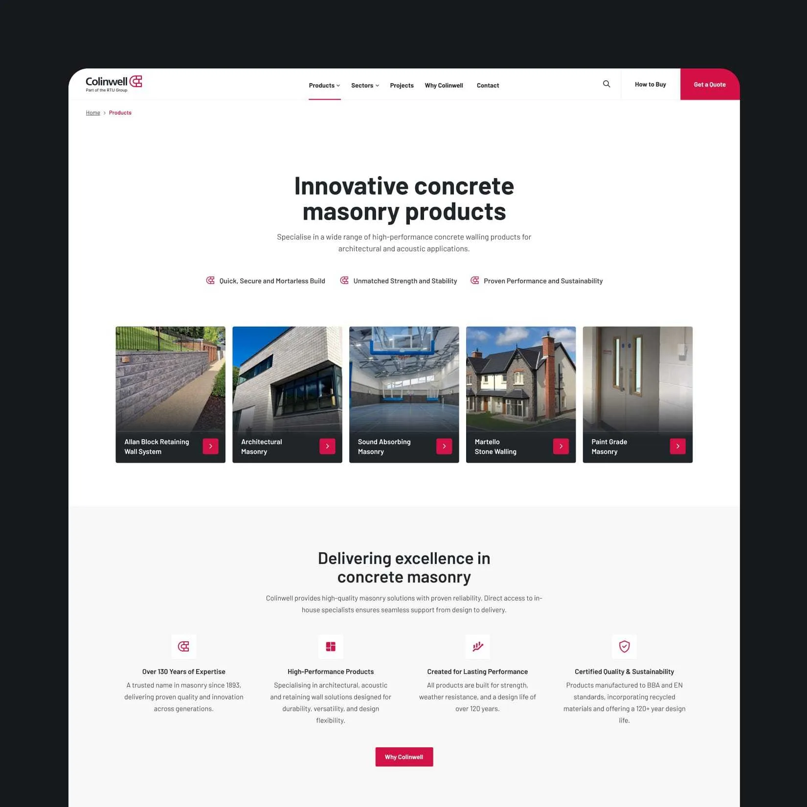 Colinwell Masonry product page showing innovative concrete masonry products.