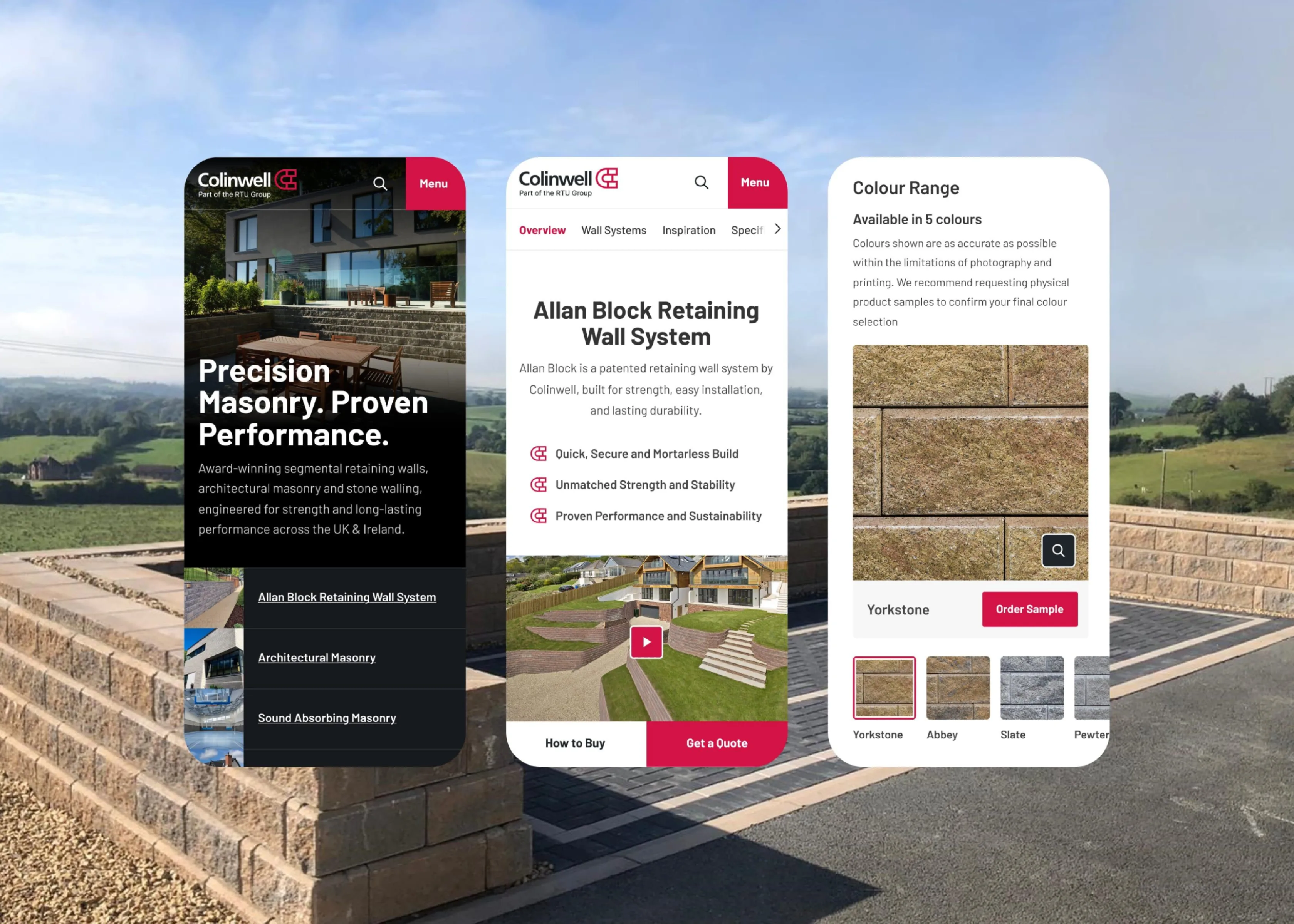 Colinwell Masonry mobile screens showing product range, retaining wall system and colour options.