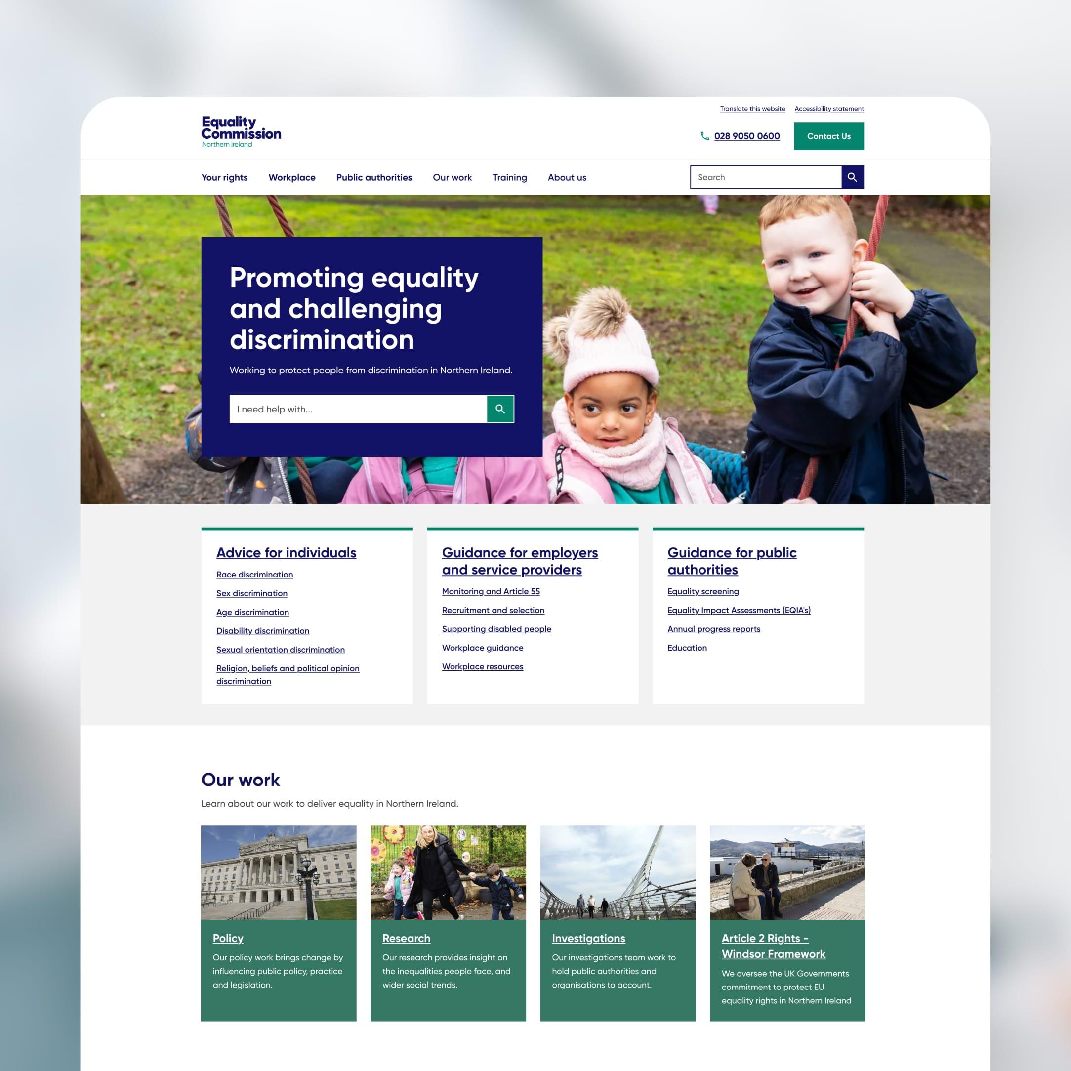 Equality Commission for Northern Ireland website homepage, featuring children outdoors and links to advice, guidance and the Commission’s work.
