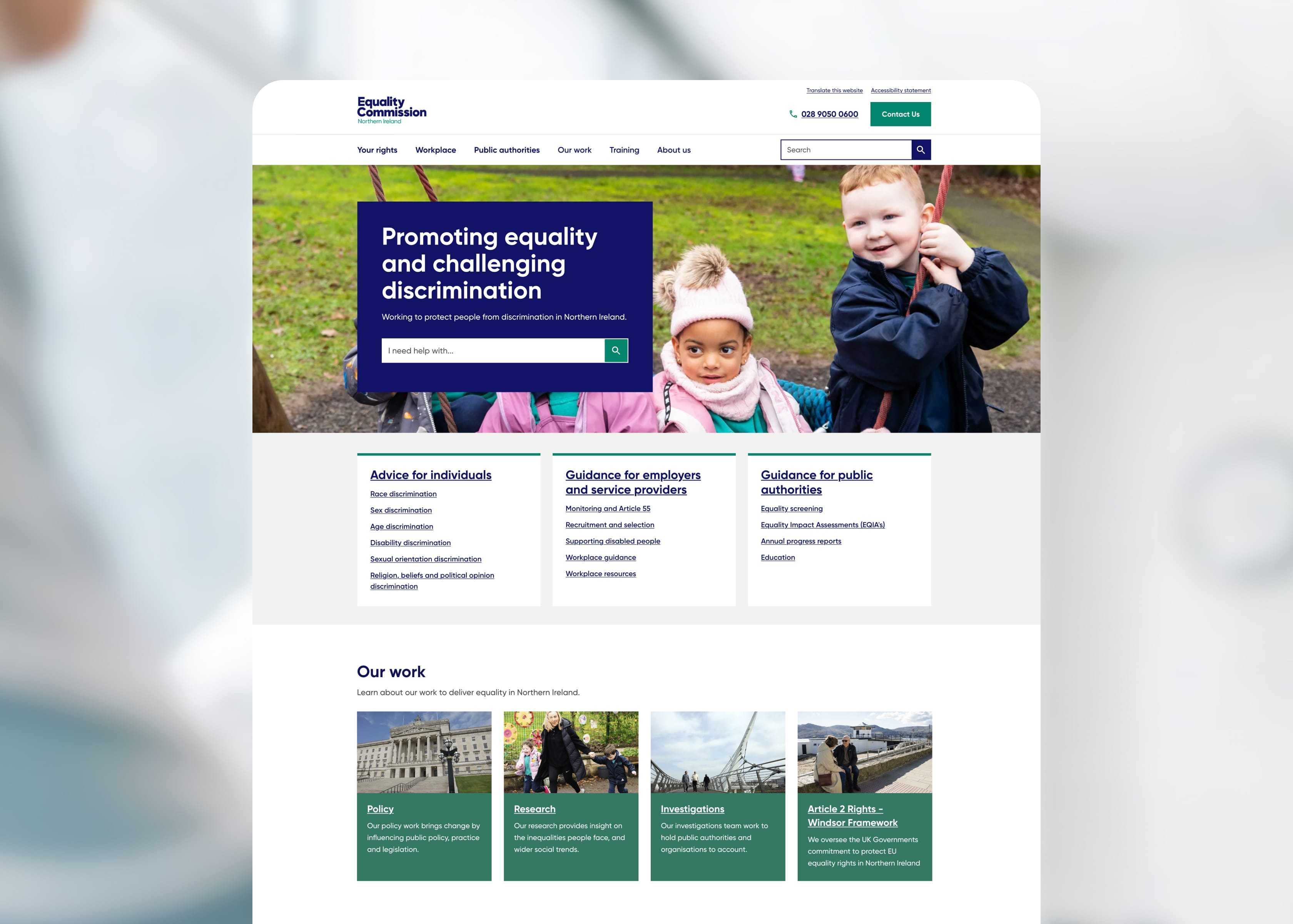 Equality Commission for Northern Ireland homepage, featuring children outdoors, equality advice links and sections highlighting the Commission’s work.