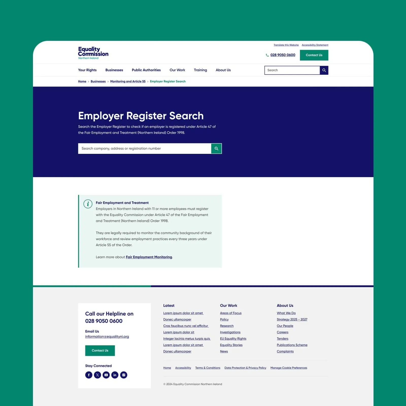 Equality Commission for Northern Ireland Employer Register Search page, with a search field for finding registered employers and guidance information below.