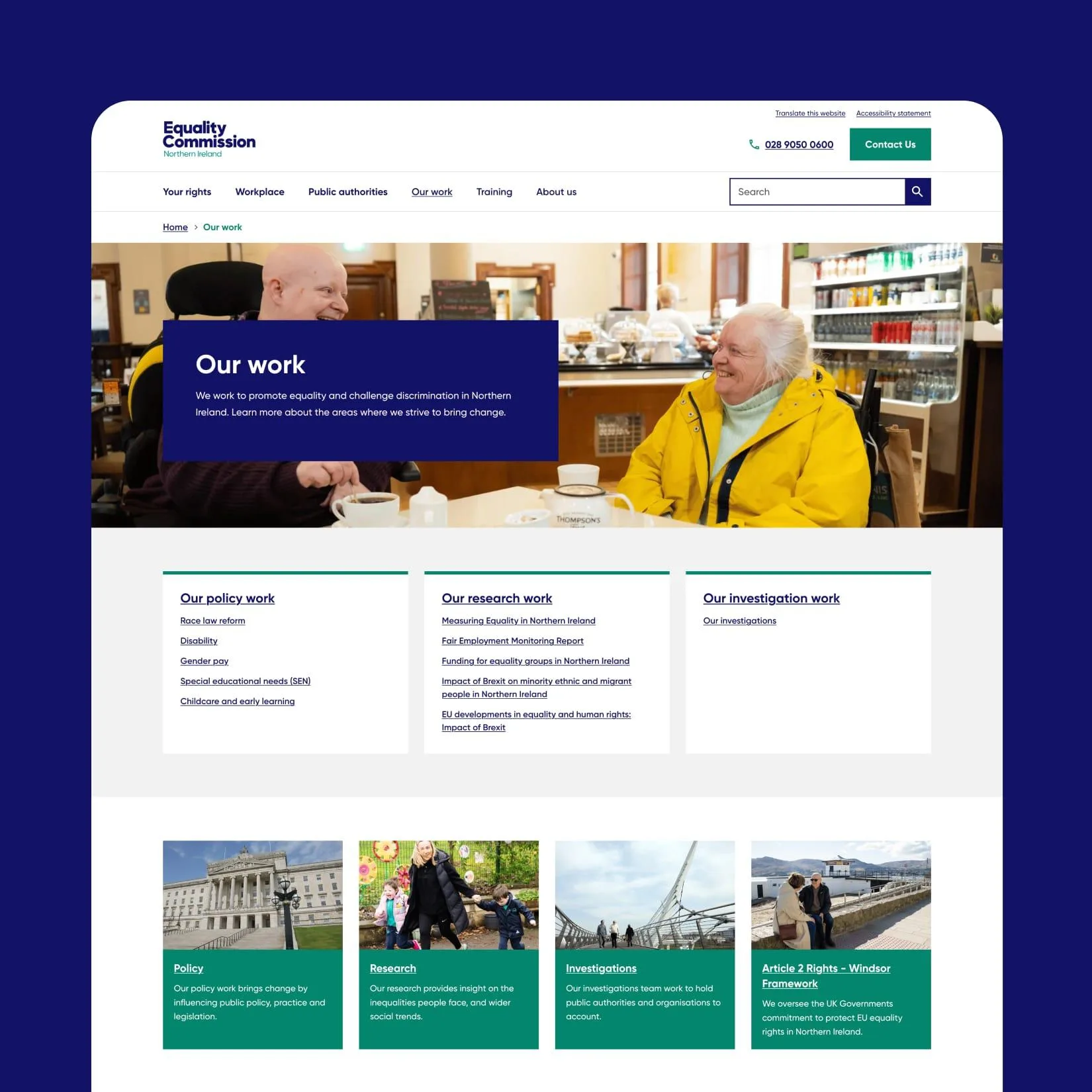Equality Commission for Northern Ireland website work section, showing two people talking in a café and sections highlighting policy, research and investigation work.