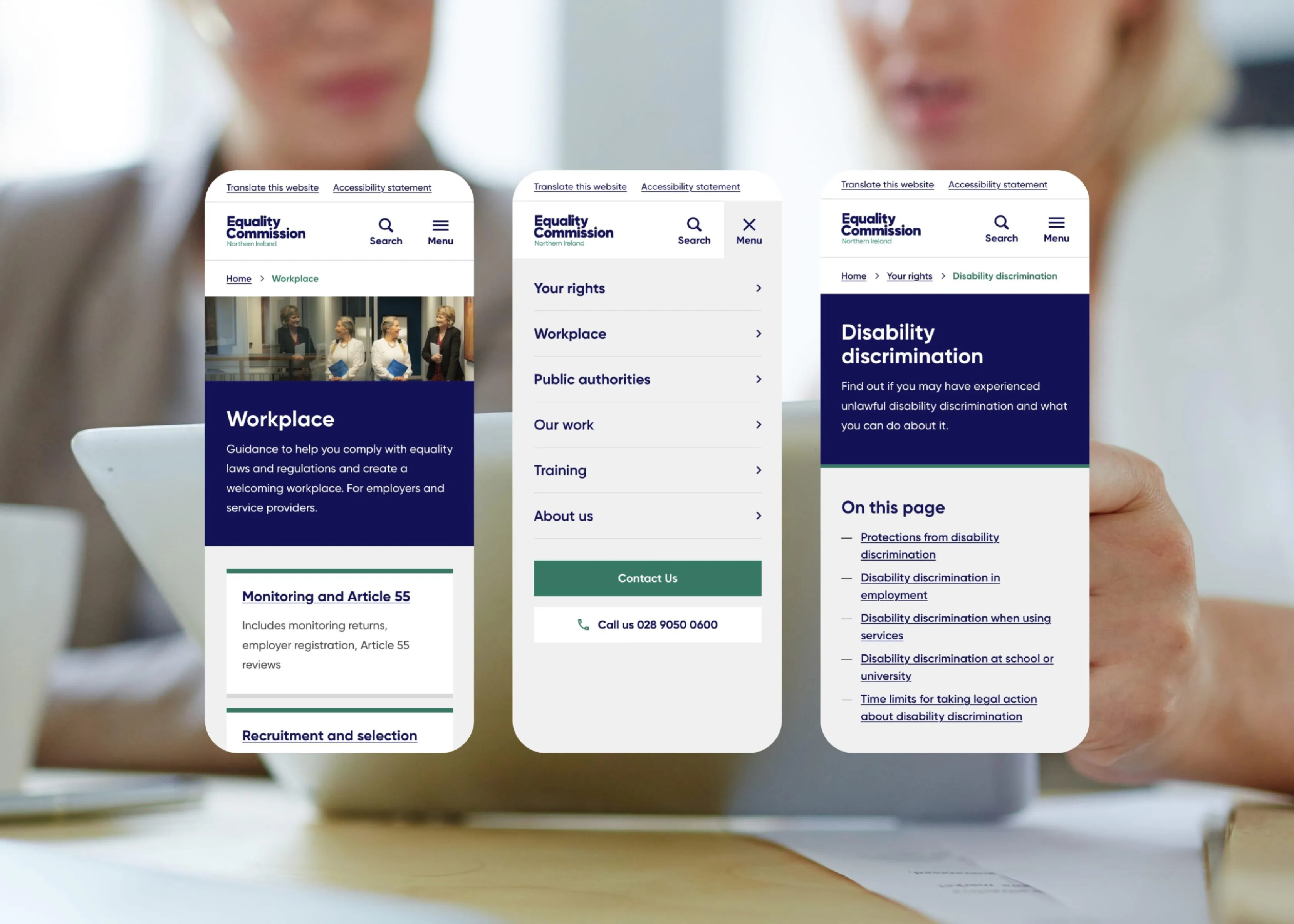 Mobile views of the Equality Commission for Northern Ireland website, showing workplace guidance, the navigation menu, and a disability discrimination information page.