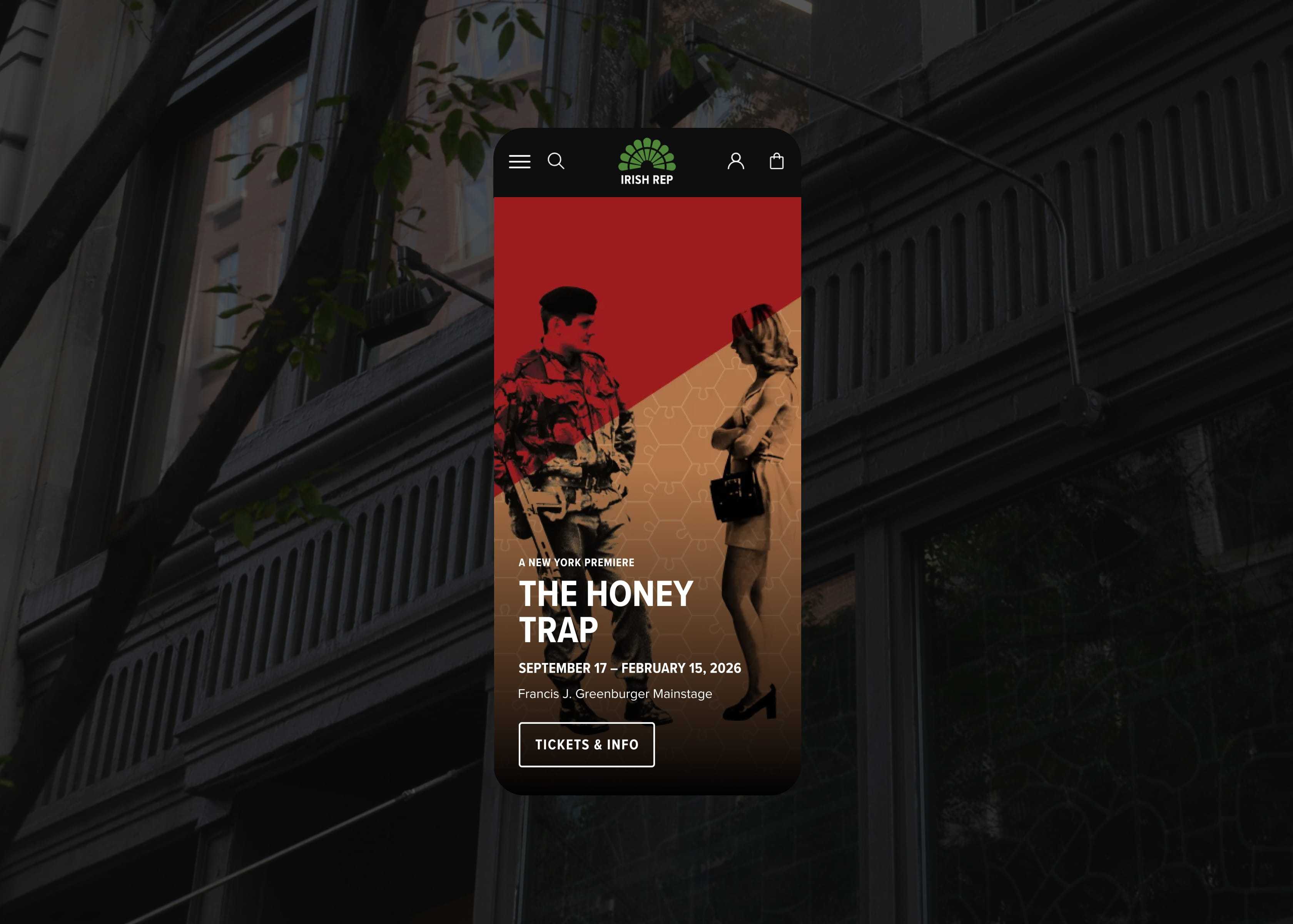 Irish Repertory Theatre mobile show page for The Honey Trap, featuring stylised artwork, performance dates, and tickets information.