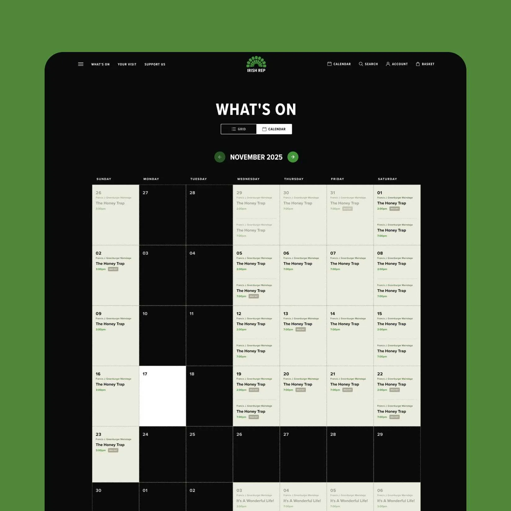Irish Rep Theatre What's On Calendar showcasing The Honey Trap show listings