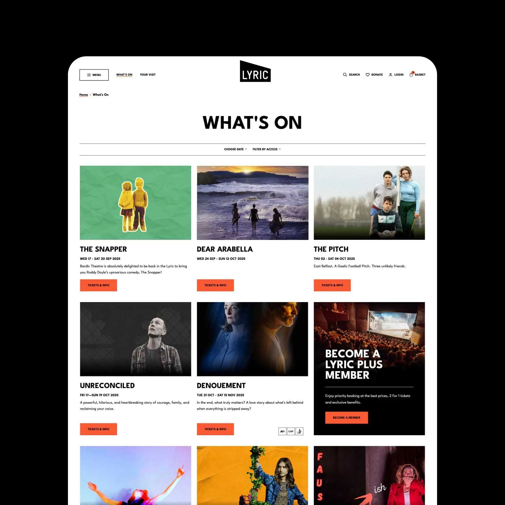 Lyric Theatre What's On web page displaying upcoming show listings