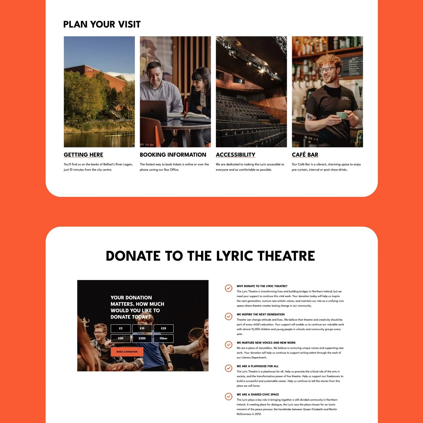 Lyric Theatre website sections showing plan your visit links and a donate page with visitor information and support options.