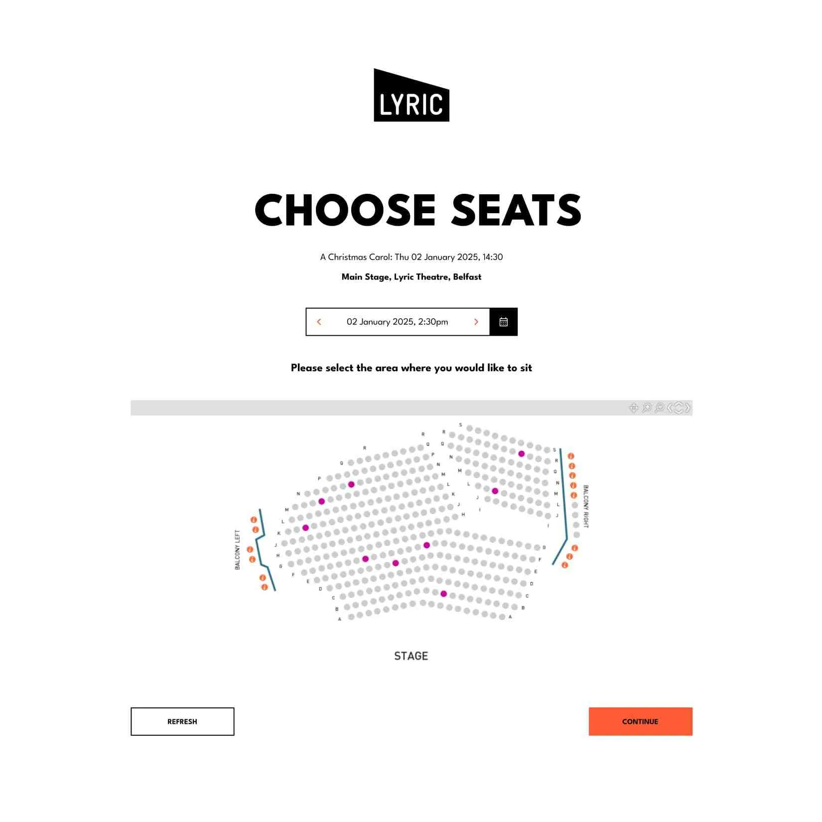 Lyric Theatre web page featuring auditorium diagram layout with choose seats option.
