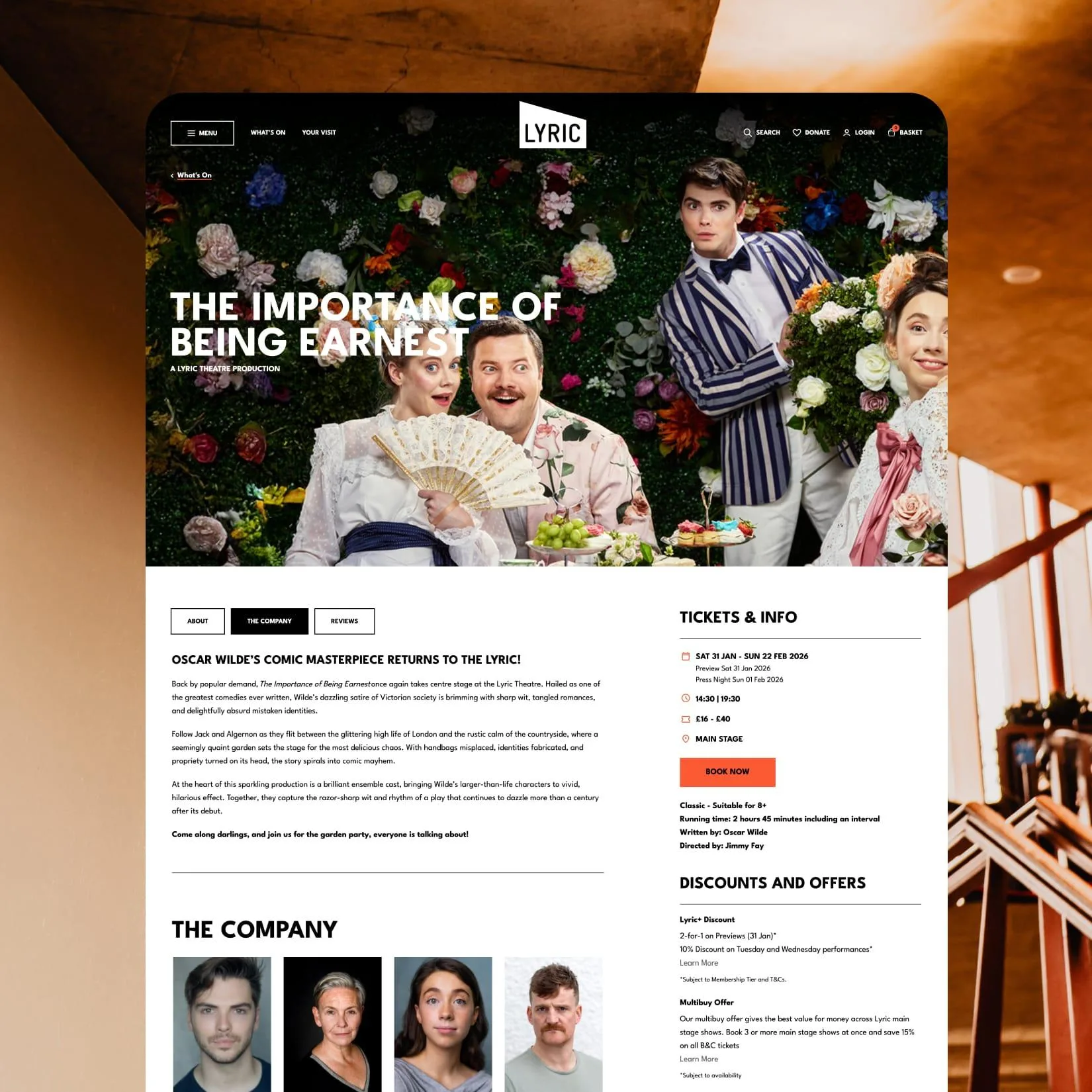 Lyric Theatre show page for The Importance of Being Earnest, featuring cast imagery, performance details, tickets, and offers.
