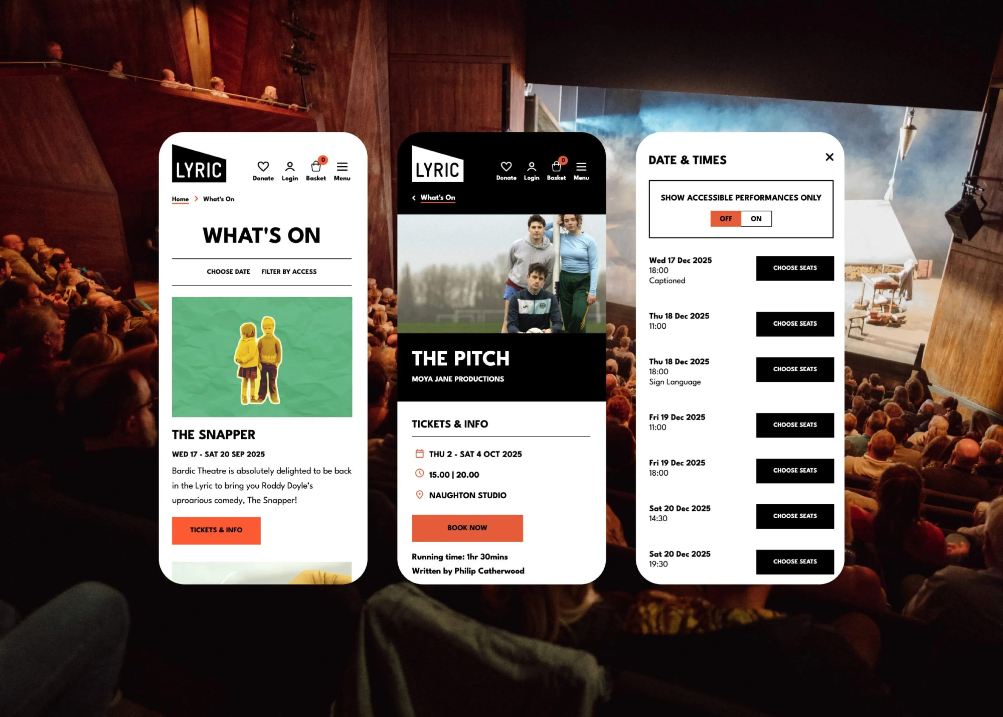 Lyric Theatre mobile screens showing what’s on listings, show details, and accessible performance date and time selection.