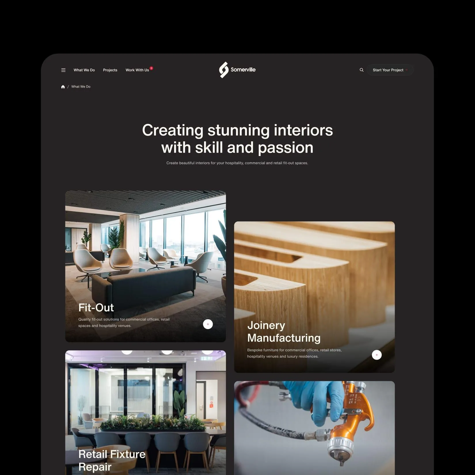 Somerville ‘What we do’ webpage with a dark-themed layout highlighting interior fit-out, joinery manufacturing, and retail services.
