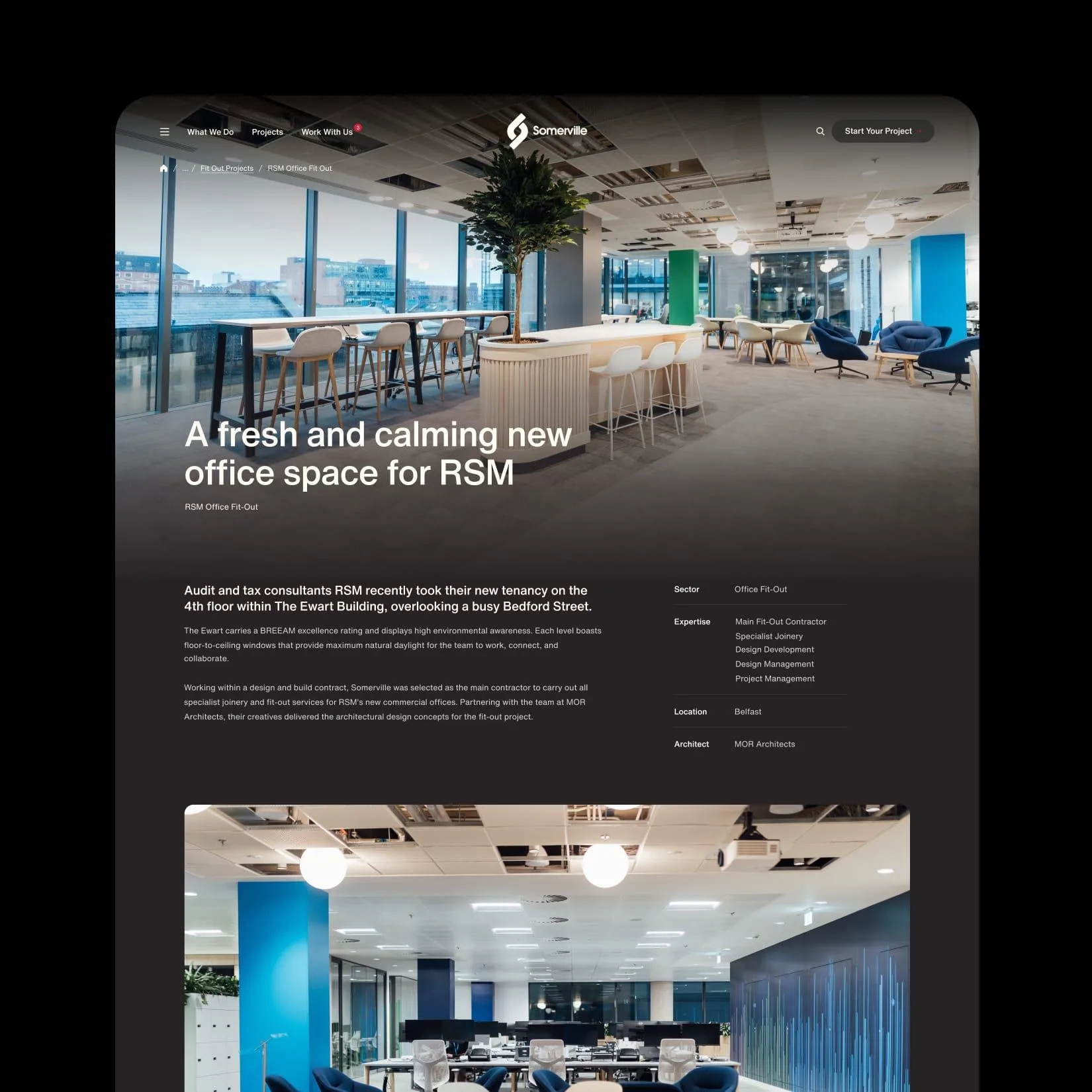 Somerville project case study webpage showing a modern office interior for RSM with large workspace images and project details.