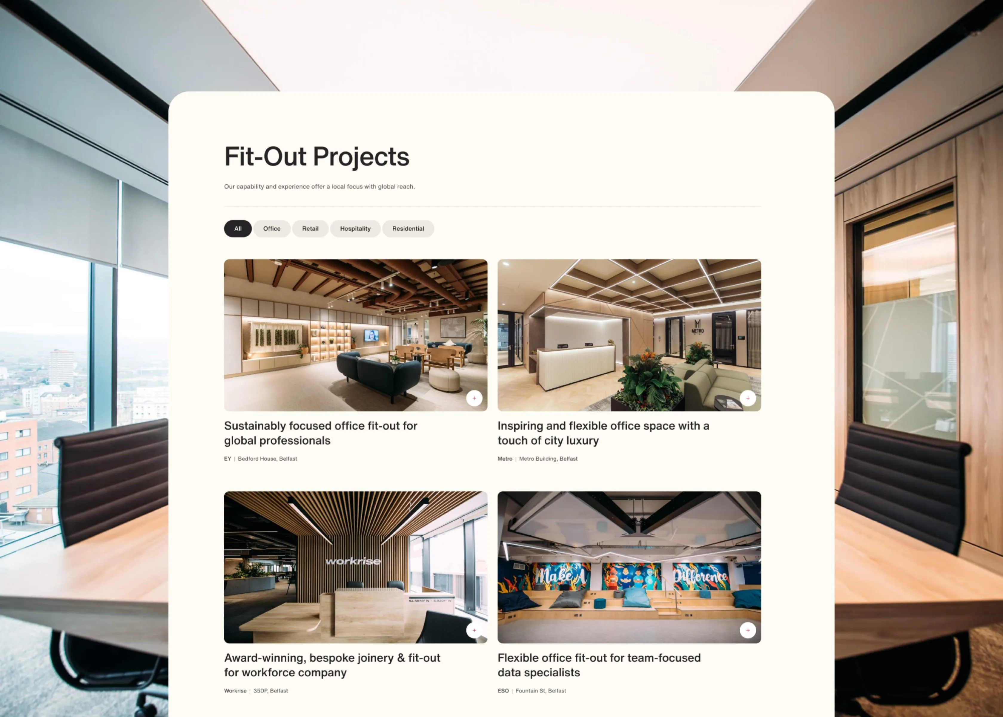 Somerville fit-out projects webpage showing a grid of completed office interiors with filters and project descriptions.