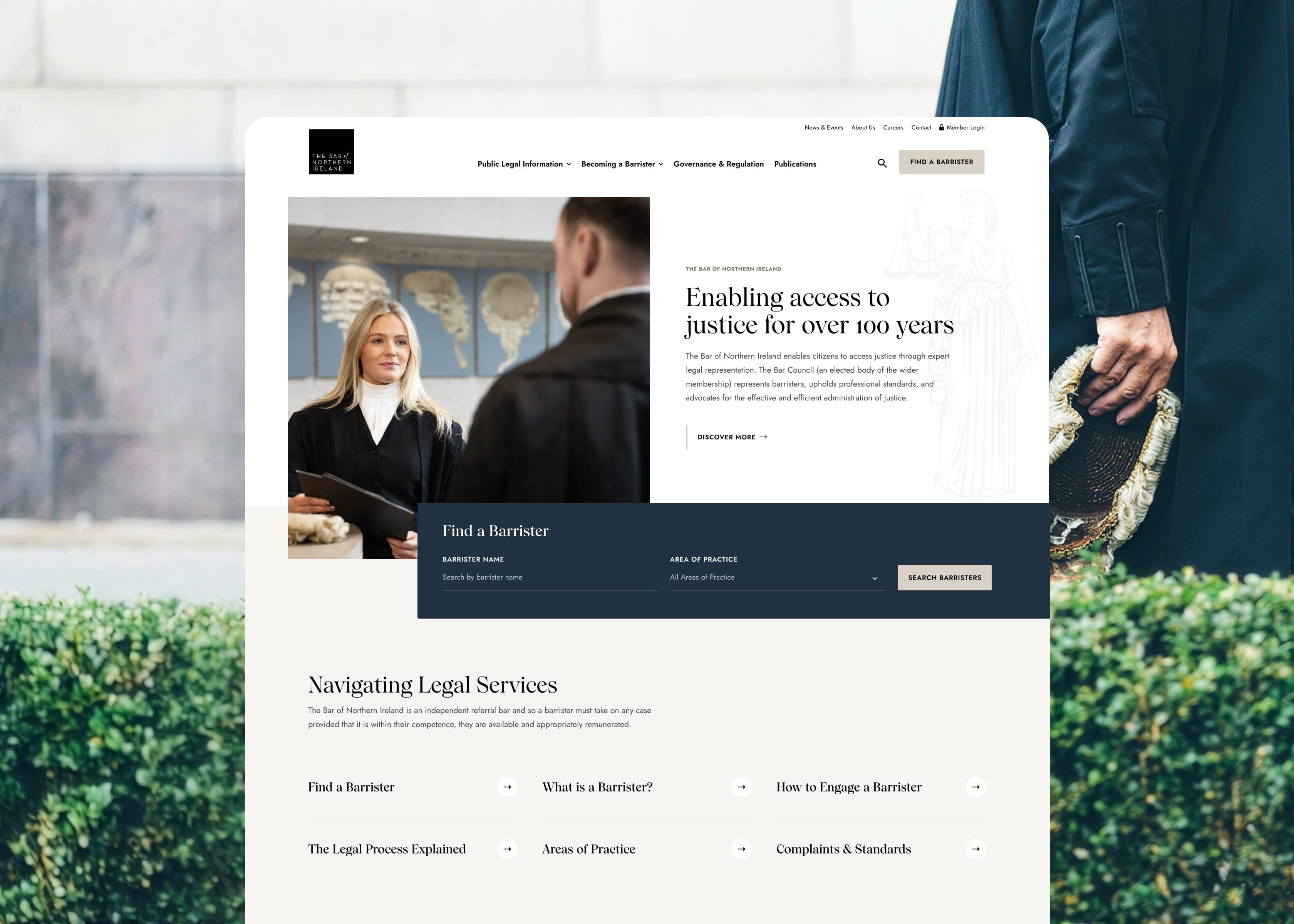 Homepage featuring a barrister, legal services navigation, and information about accessing expert legal advice.