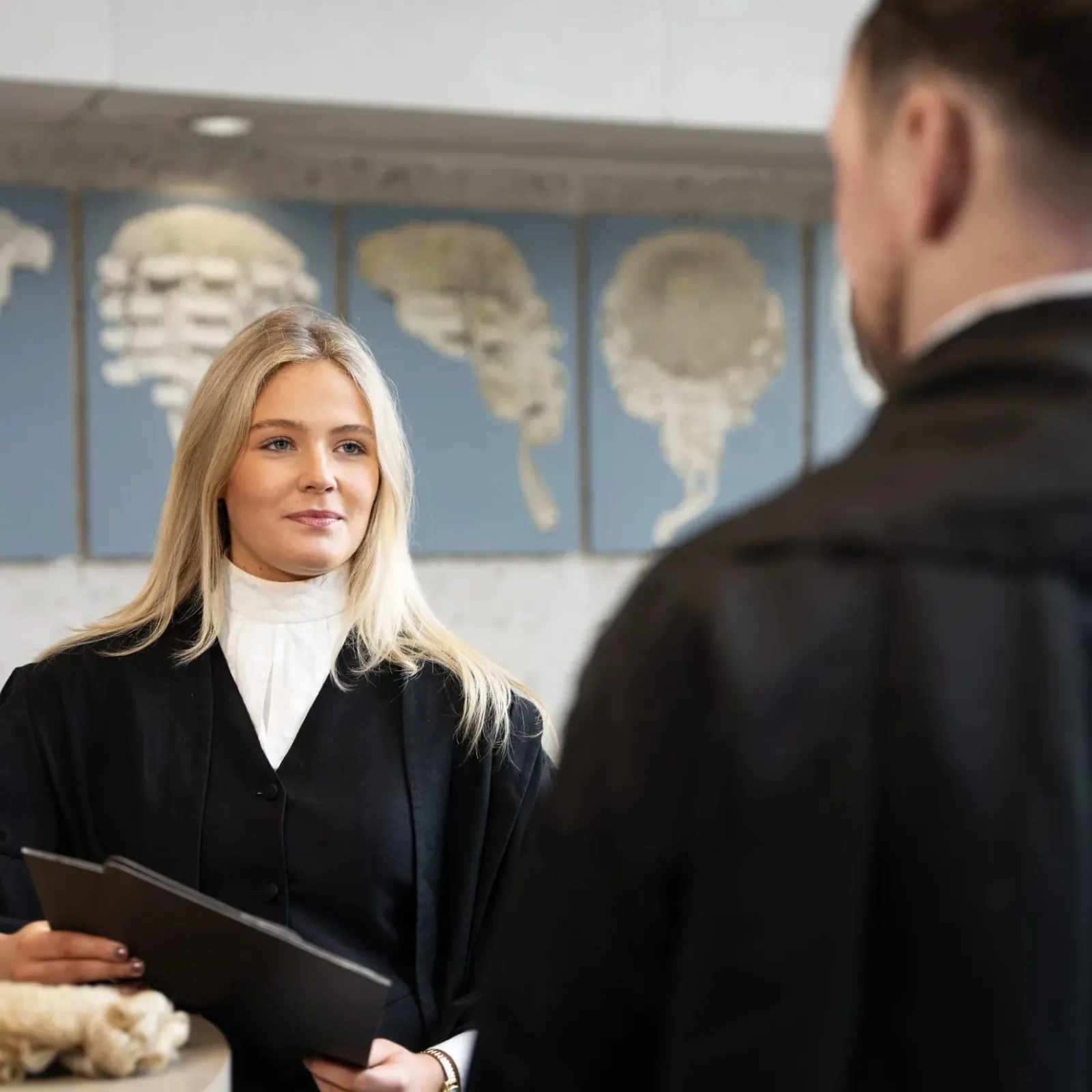 Barrister speaking with client.