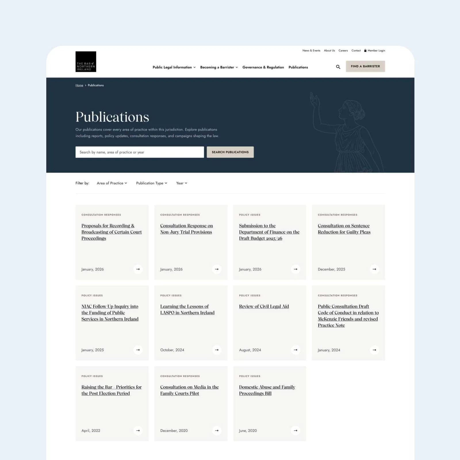 Bar of Northern Ireland publications page showing a searchable collection of legal guidance, consultation responses and professional resources.
