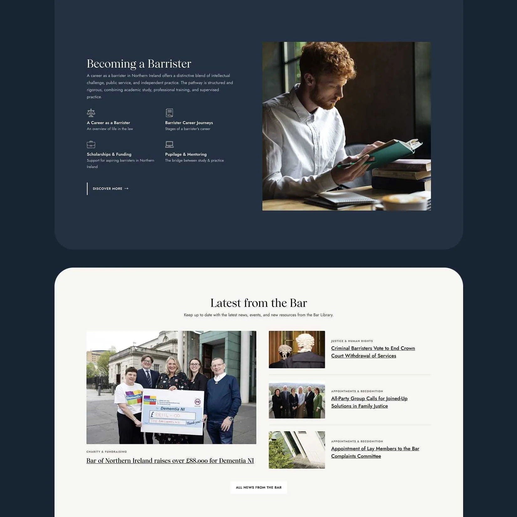 Website sections highlighting how to become a barrister and the latest news from the Bar.