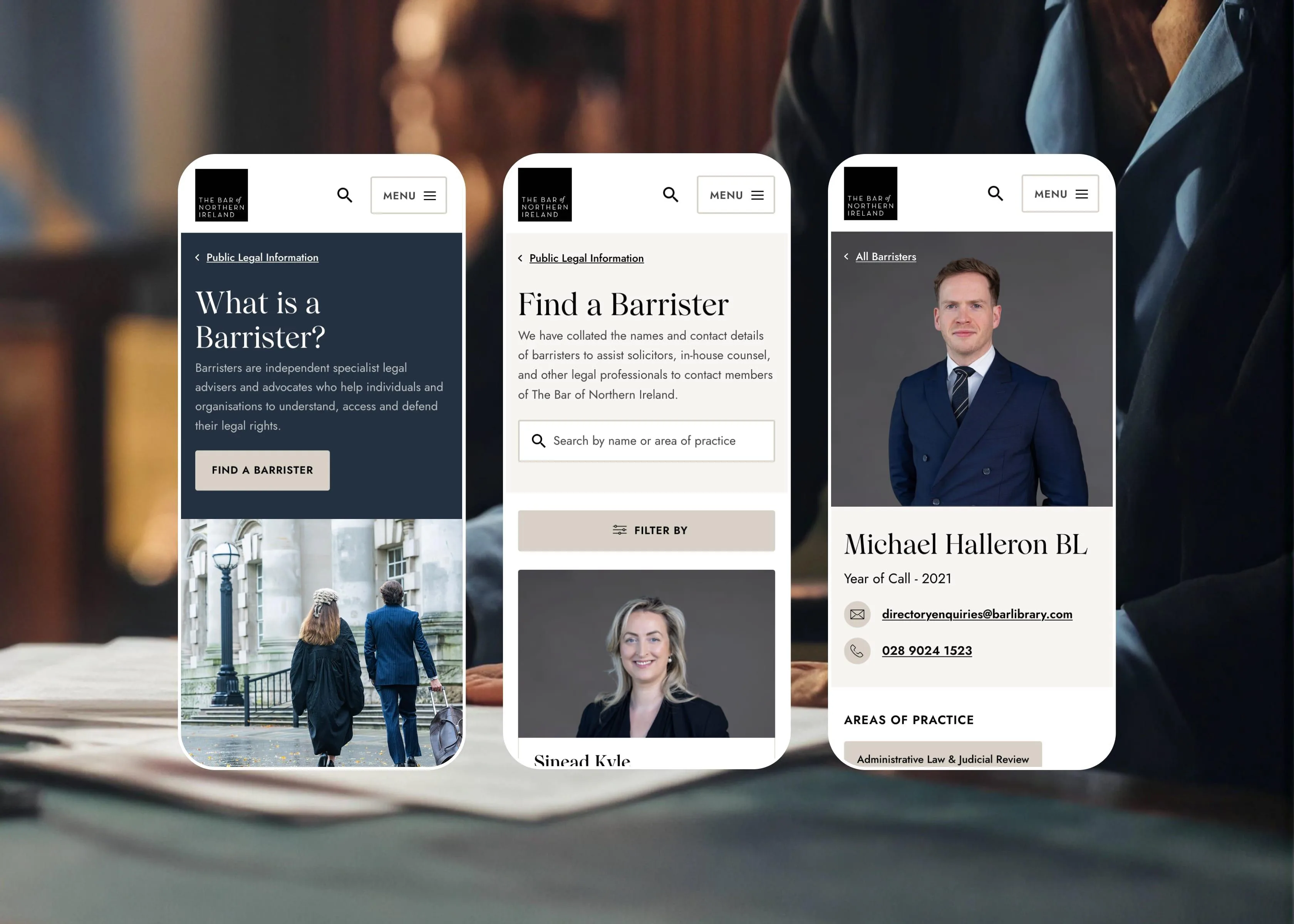 Three mobile views of the Bar of Northern Ireland website showing barrister information, a barrister search, and an individual barrister profile.