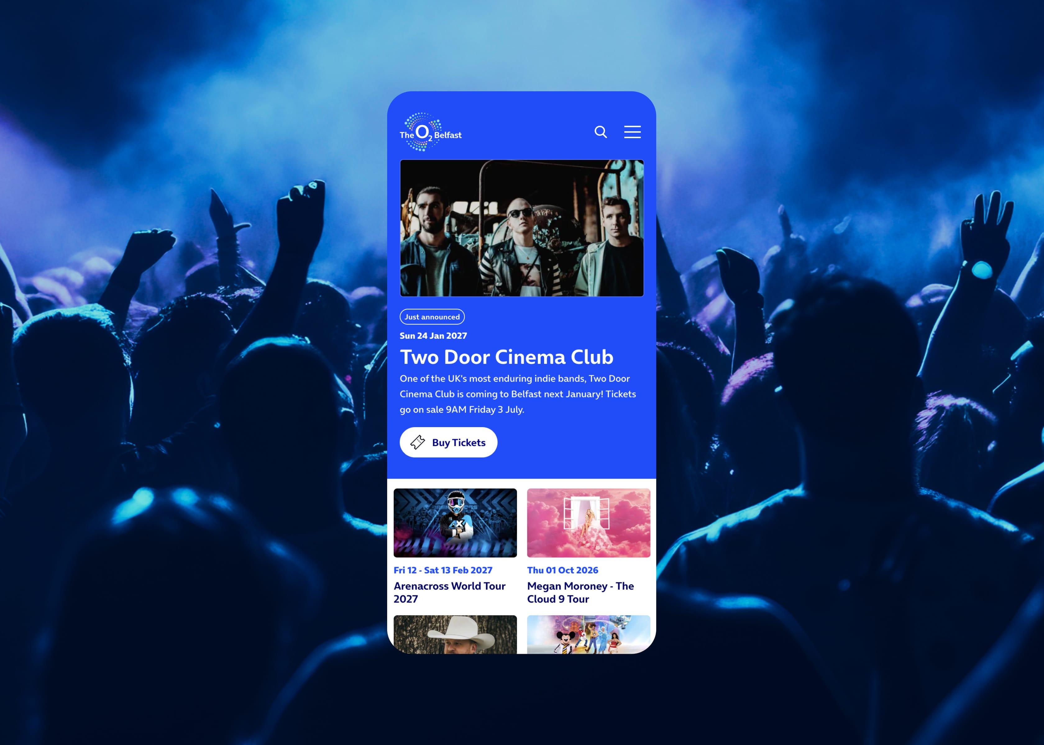 Mobile O2 Belfast website showing event listings and ticket booking against a concert crowd.