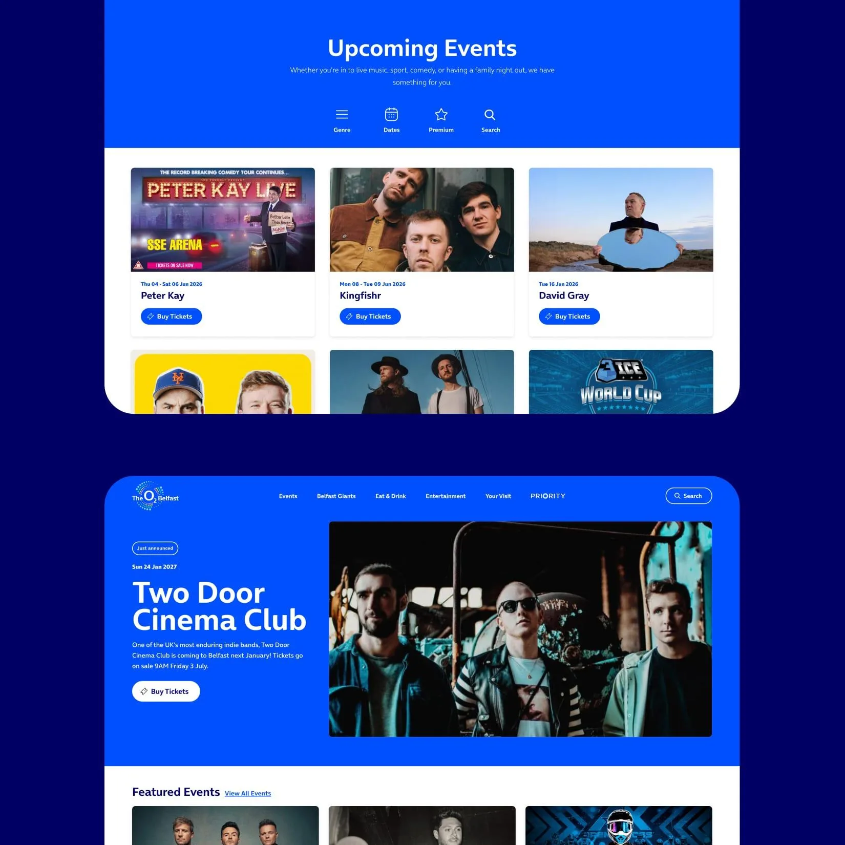 O2 Belfast website showing upcoming events and a featured Two Door Cinema Club concert.