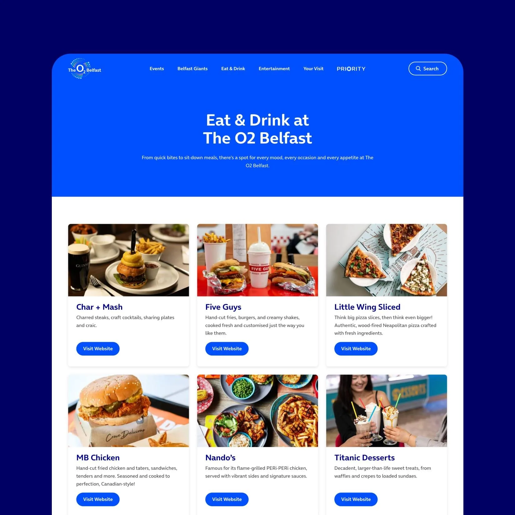 O2 Belfast Eat & Drink page showing available food vendors and dining options.