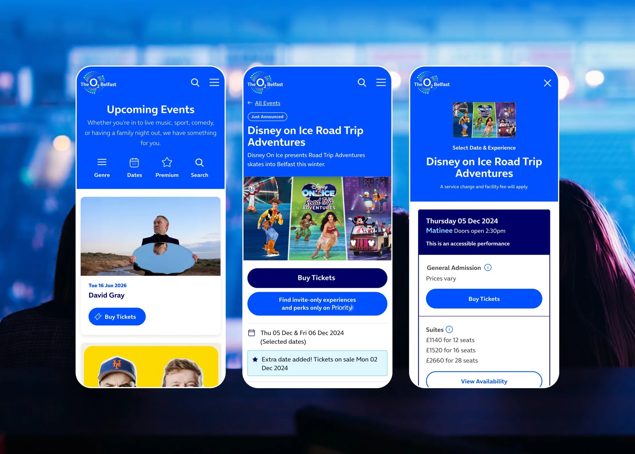 O2 Belfast mobile website showing upcoming events and the Disney on Ice ticket booking journey.