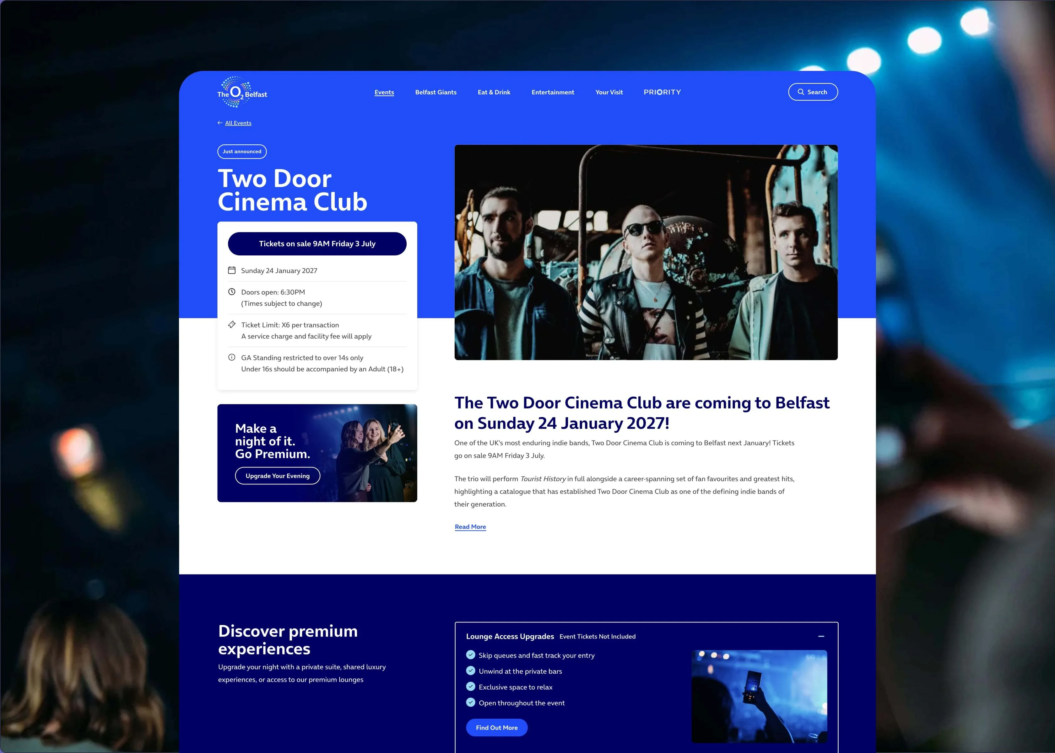 O2 Belfast event page for Two Door Cinema Club, with concert details, ticket information and premium experiences.